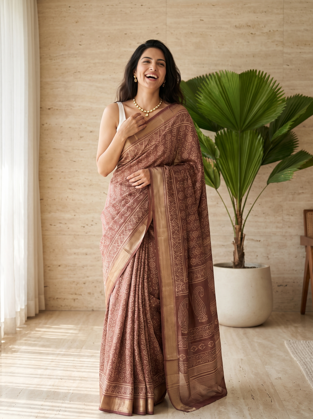 Reddish Brown Maheshwari Cotton Silk Saree