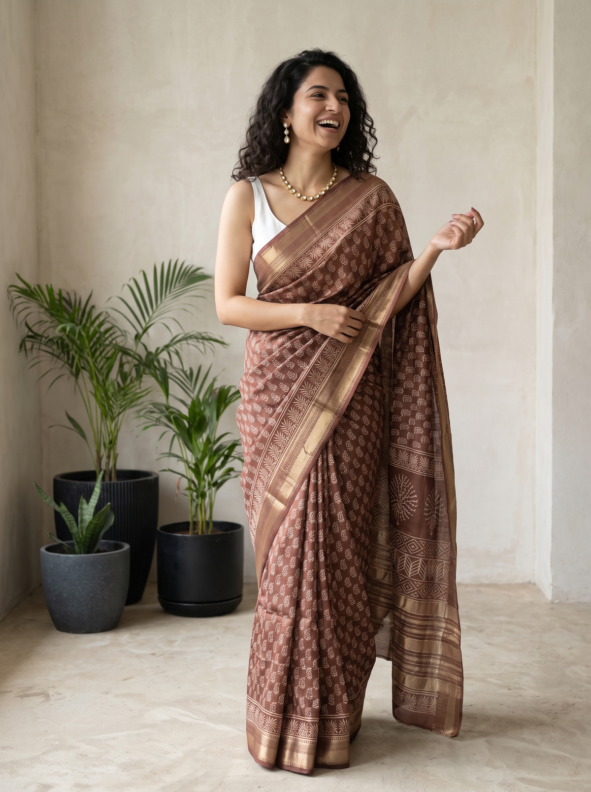 Dusty Brown Maheshwari Cotton Silk Saree