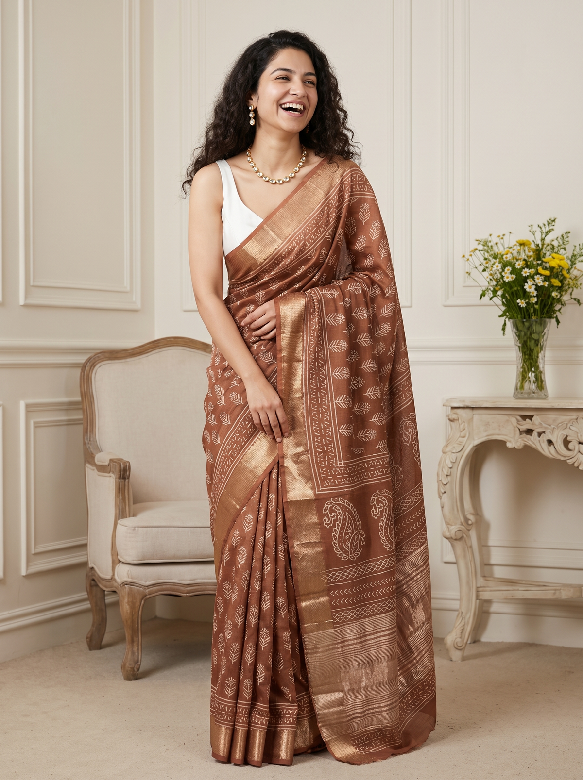Golden Brown Maheshwari Cotton Silk Saree