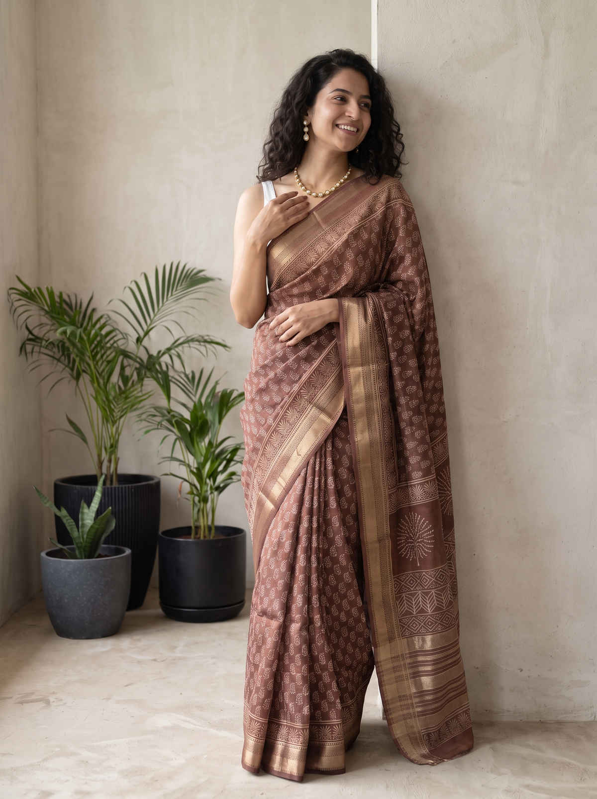 Dusty Brown Maheshwari Cotton Silk Saree