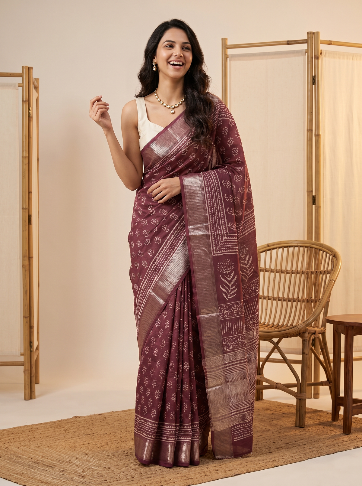 Claret Maheshwari Cotton Silk Saree