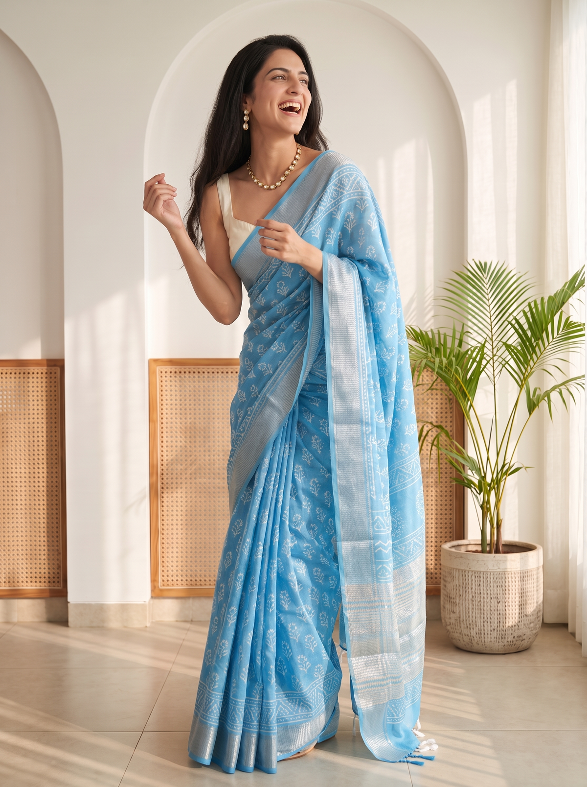 Cloud Blue Maheshwari Cotton Silk Saree