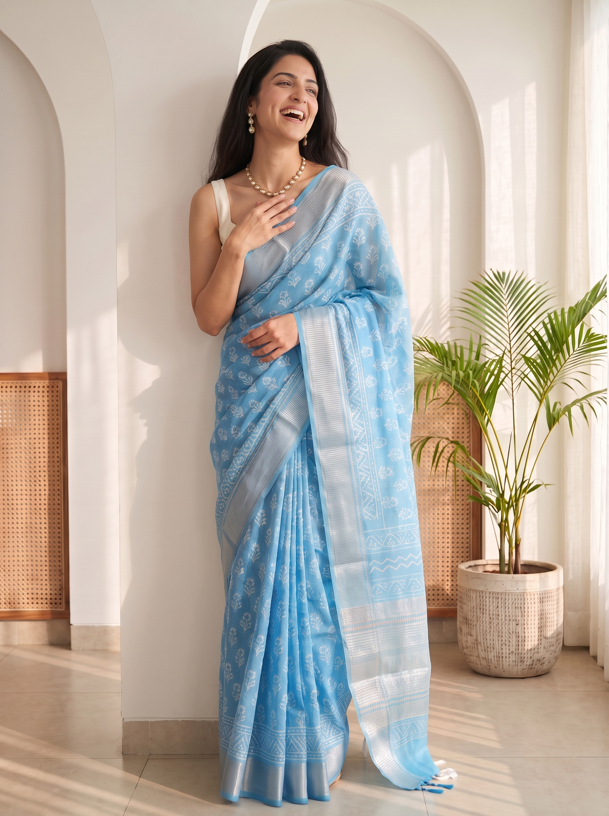 Cloud Blue Maheshwari Cotton Silk Saree