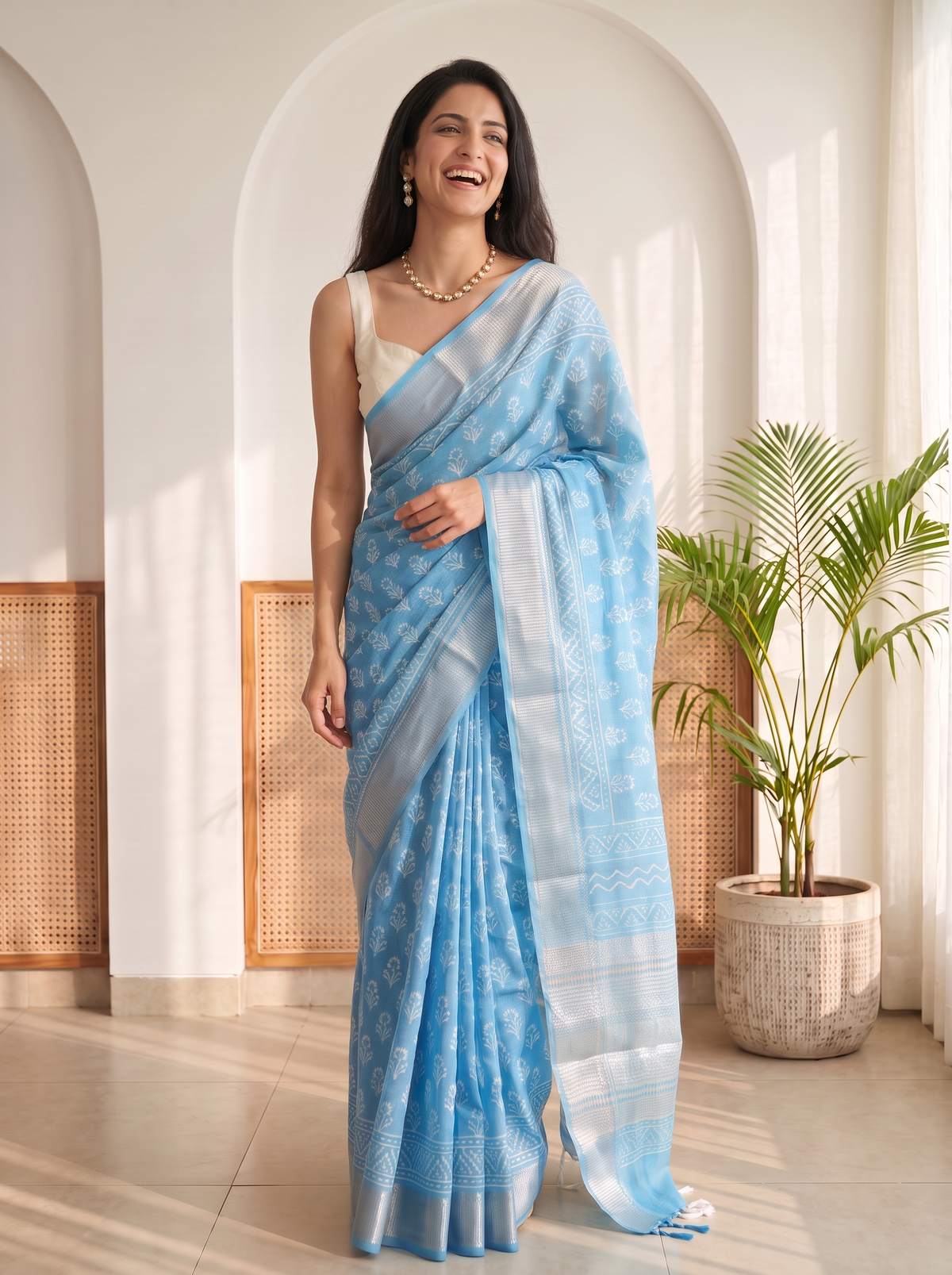 Cloud Blue Maheshwari Cotton Silk Saree