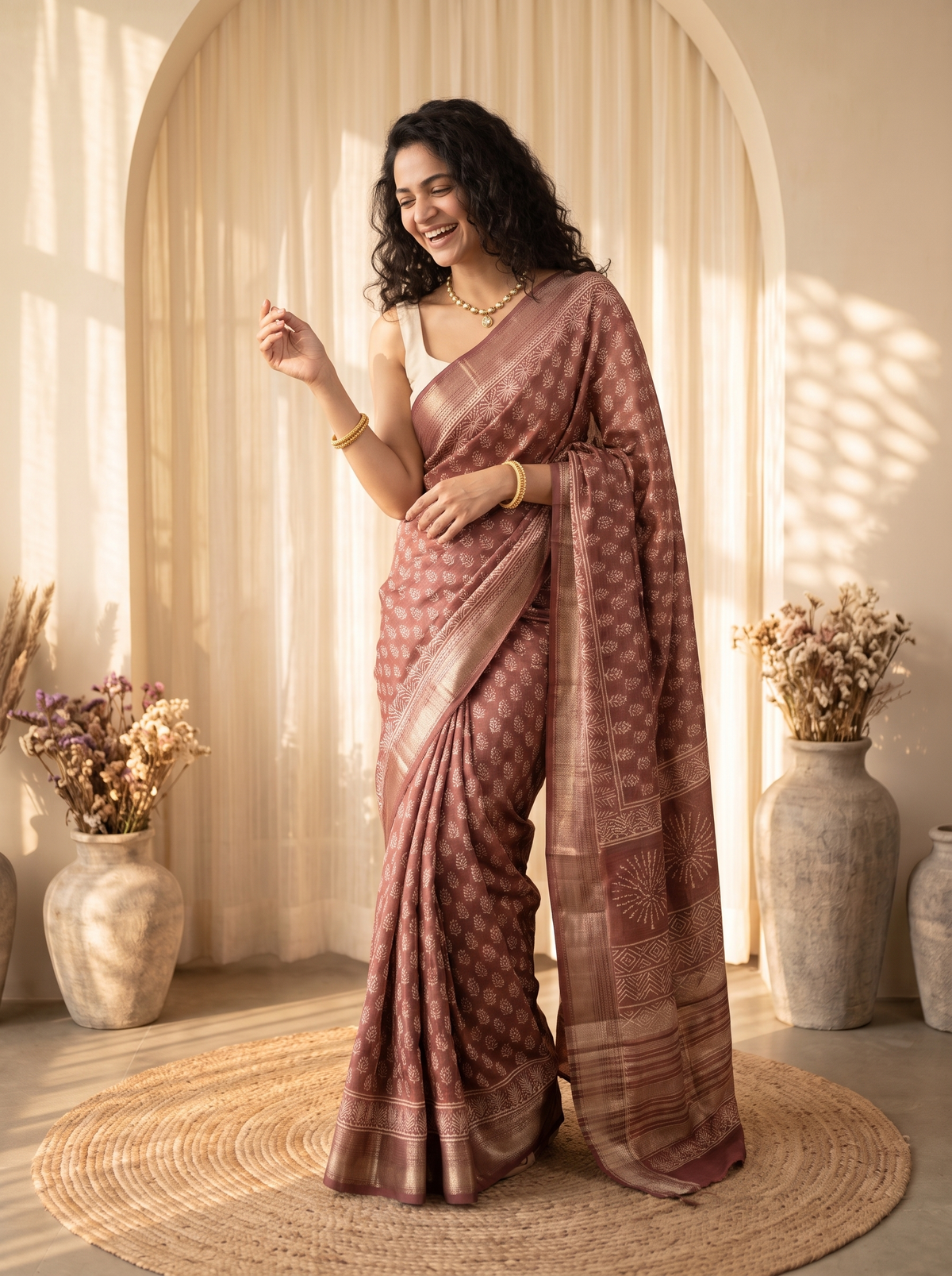Tan Maheshwari Cotton Saree