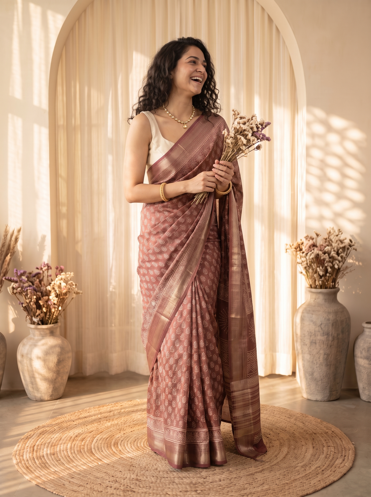Tan Maheshwari Cotton Saree