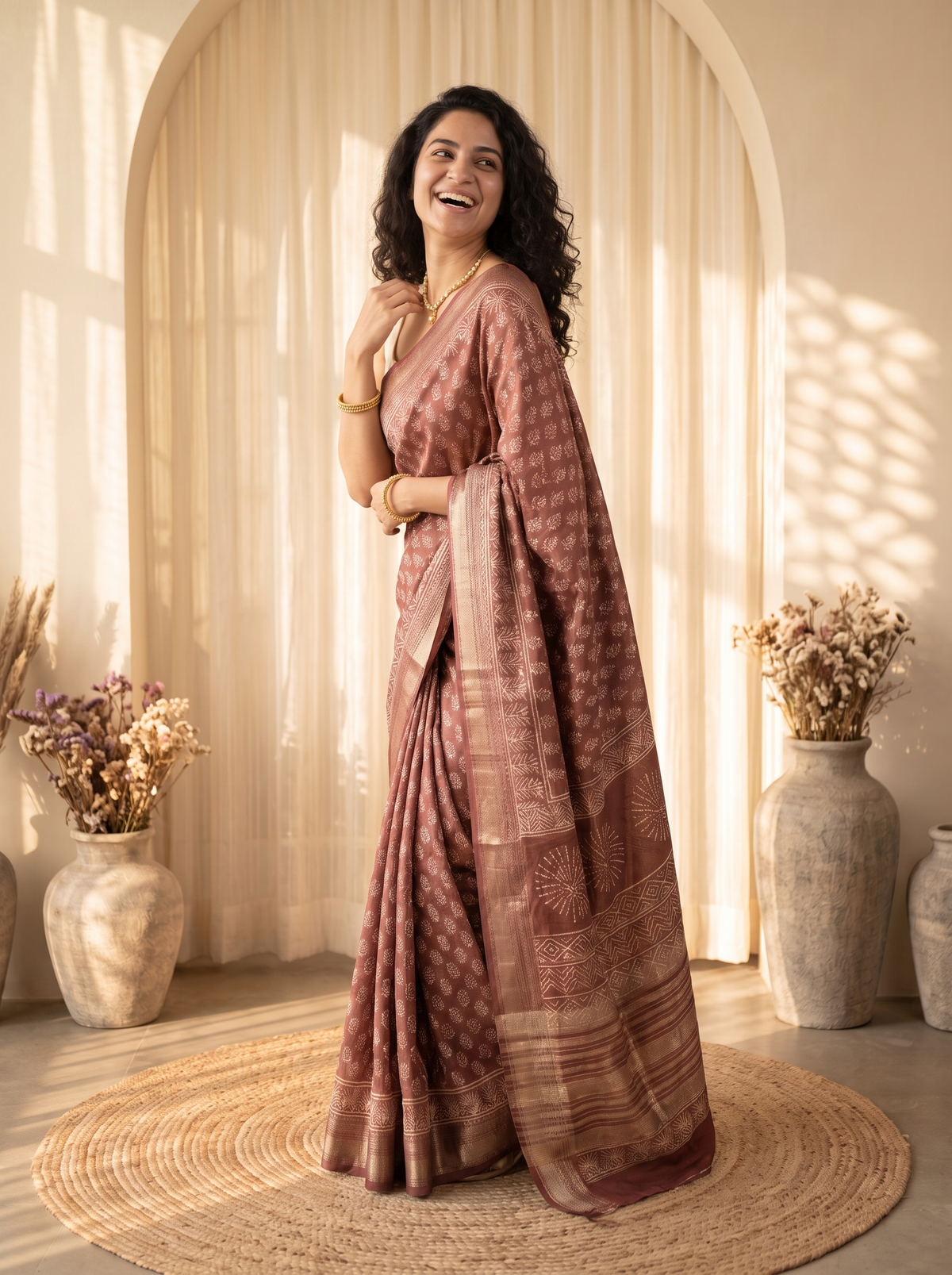 Tan Maheshwari Cotton Saree