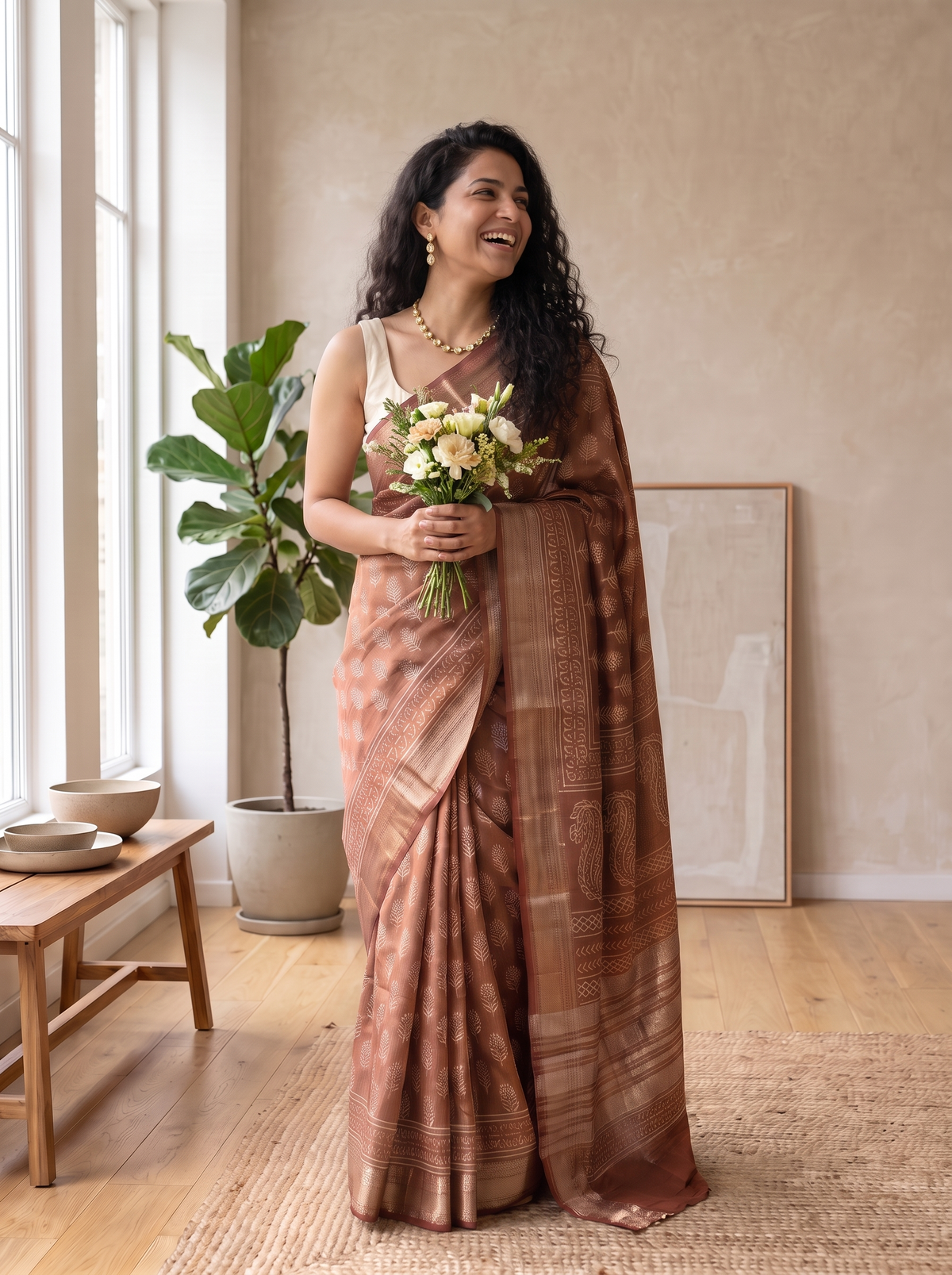 Caramel Maheshwari Cotton Silk Saree