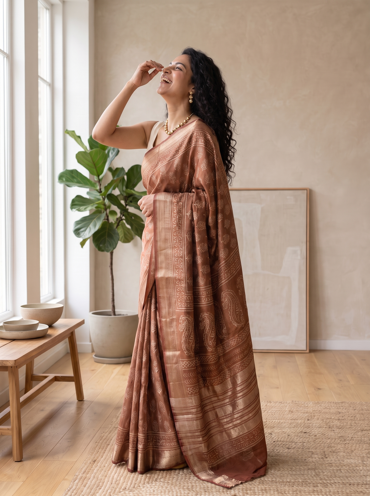 Caramel Maheshwari Cotton Silk Saree