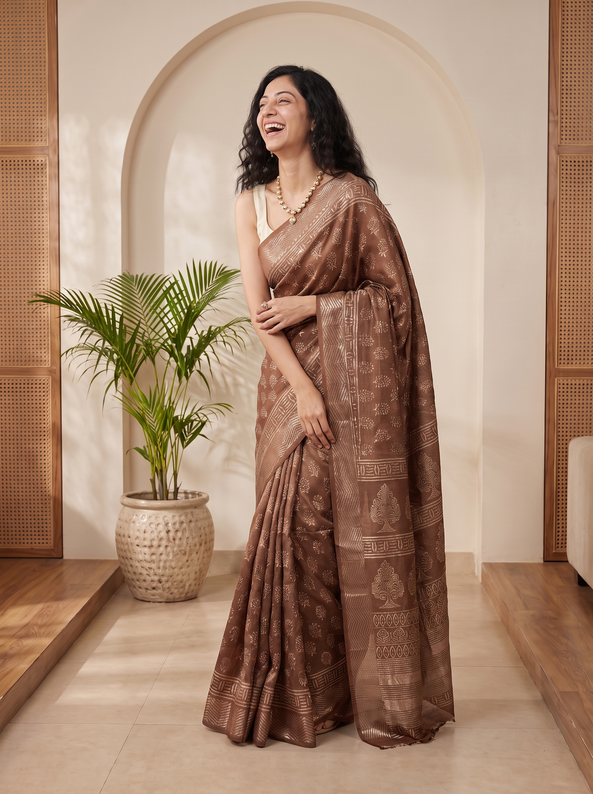 Mocha Beige Maheshwari Cotton Silk Saree
