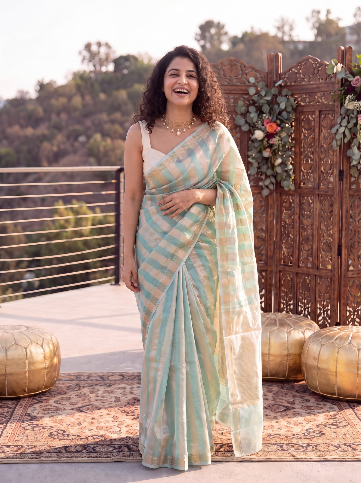 Ice Blue Gold Kora Tissue Saree