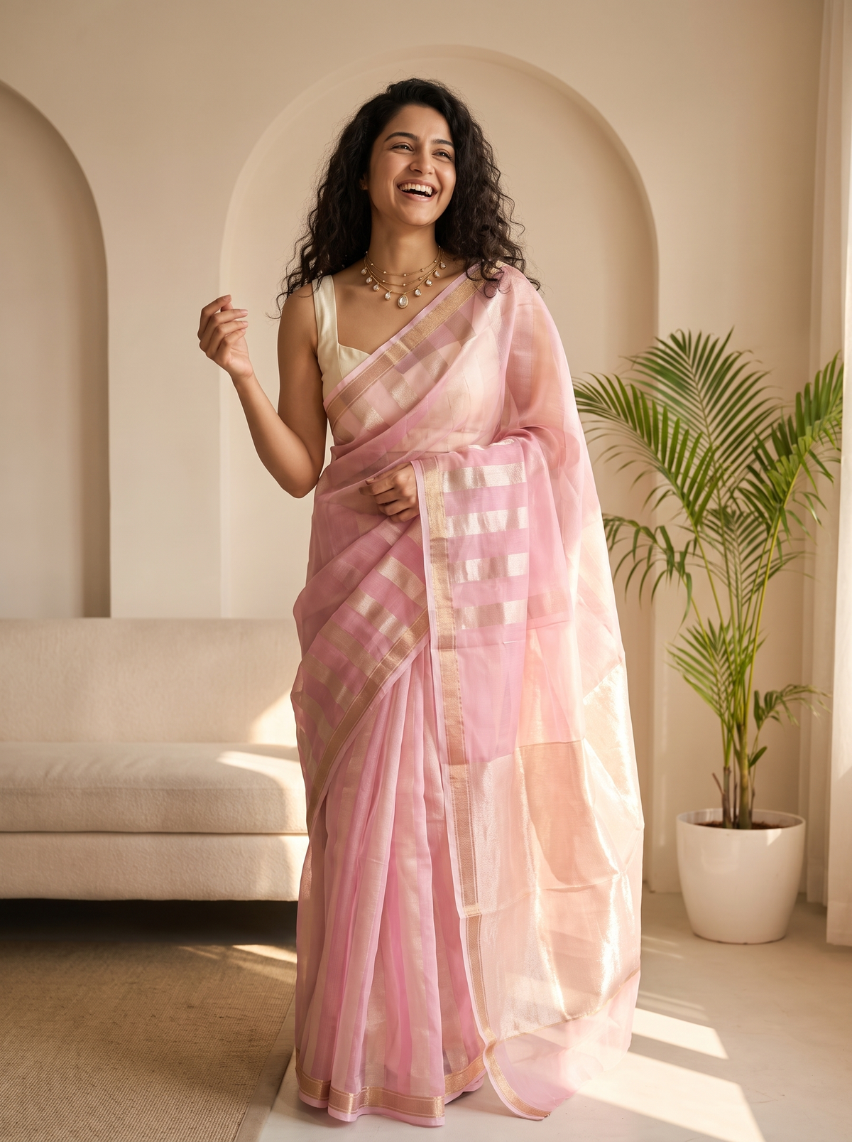 Pink Pearl Kora Tissue Saree