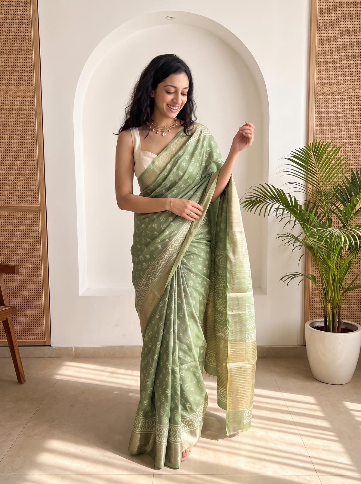 Moss Green Maheshwari Cotton Silk Saree