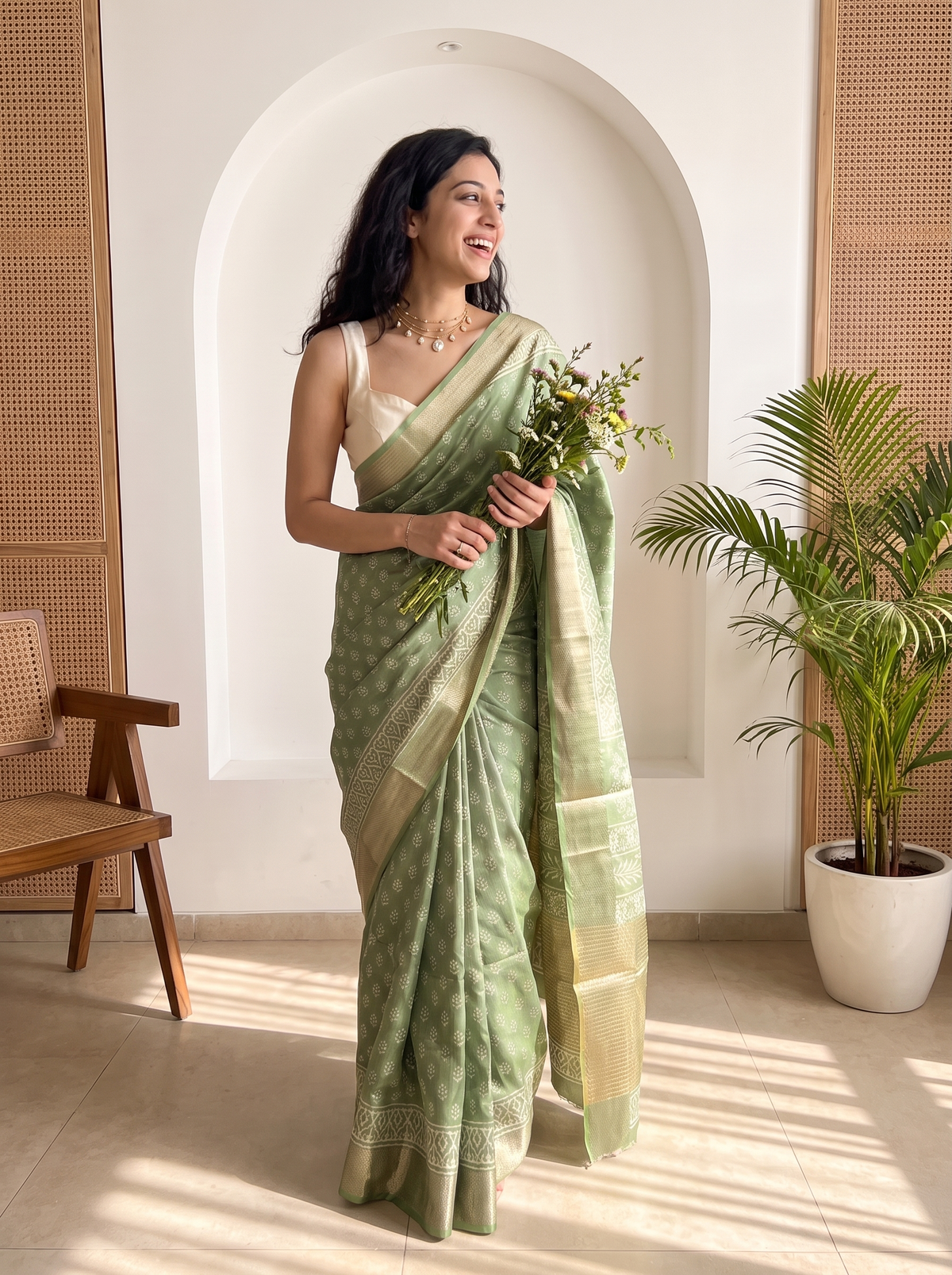 Moss Green Maheshwari Cotton Silk Saree