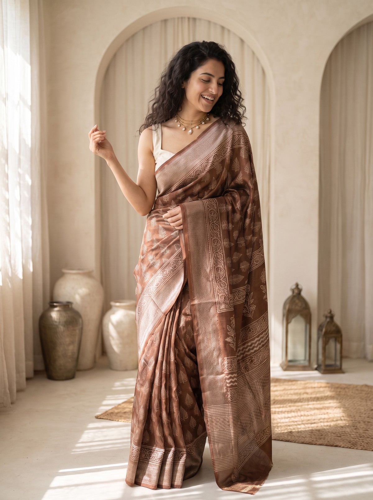 Rajwada Brown Maheshwari Saree