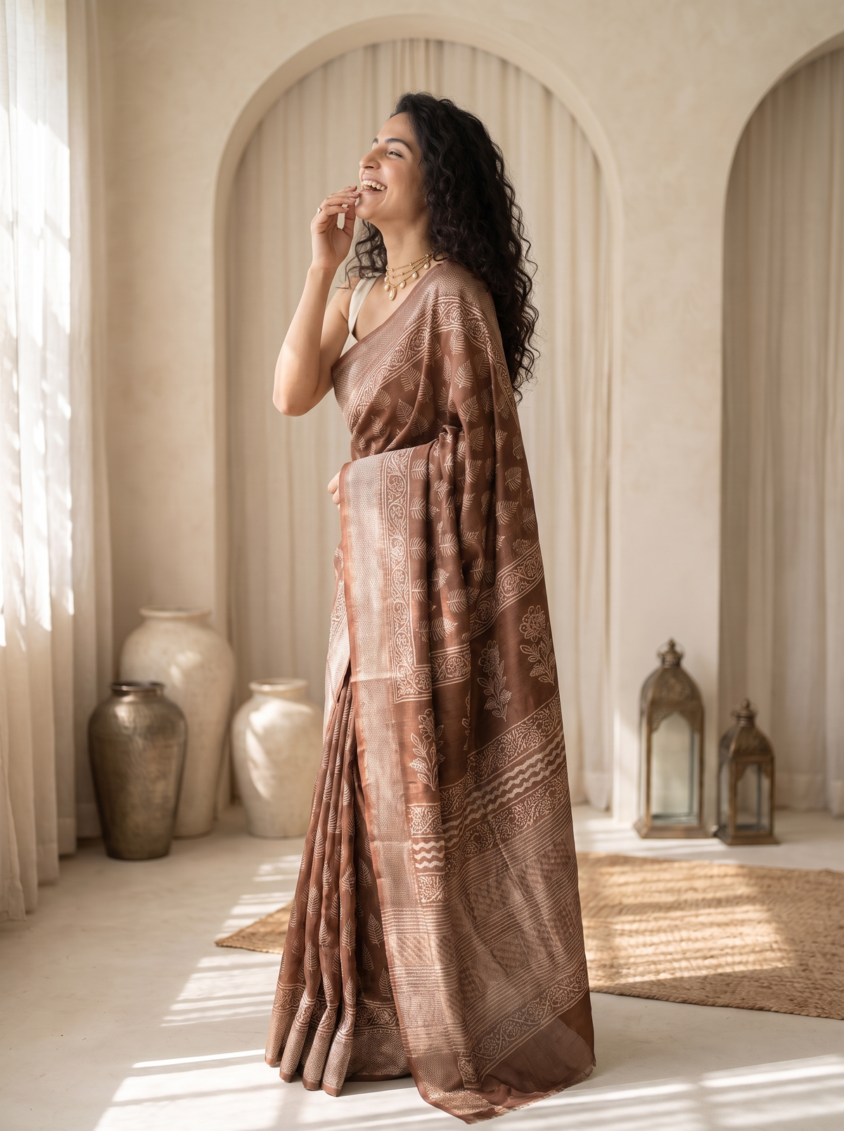 Rajwada Brown Maheshwari Saree