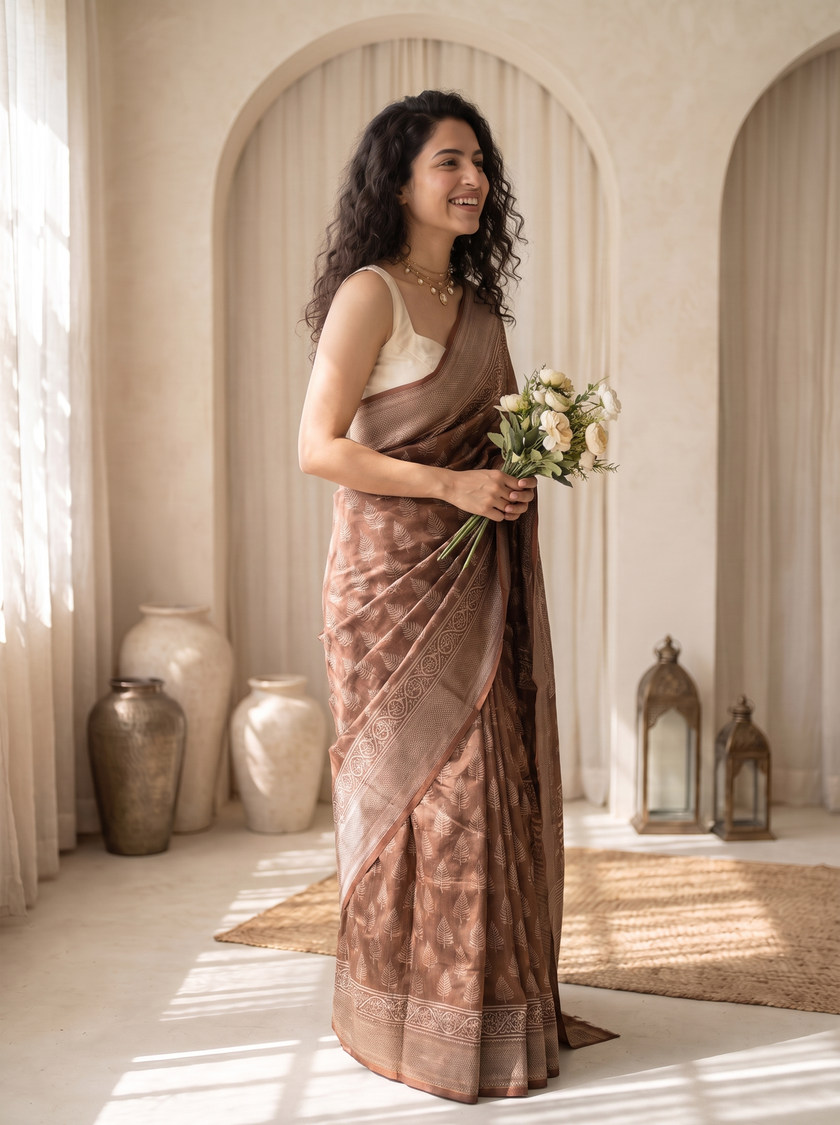 Rajwada Brown Maheshwari Saree