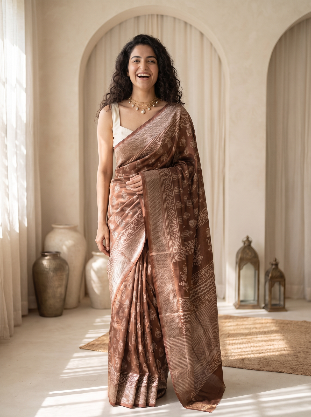 Rajwada Brown Maheshwari Saree
