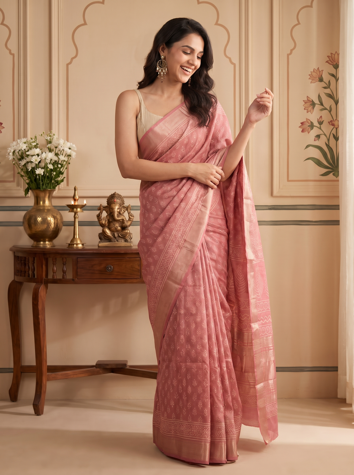 Gulabi Noor Maheshwari Cotton Silk Saree