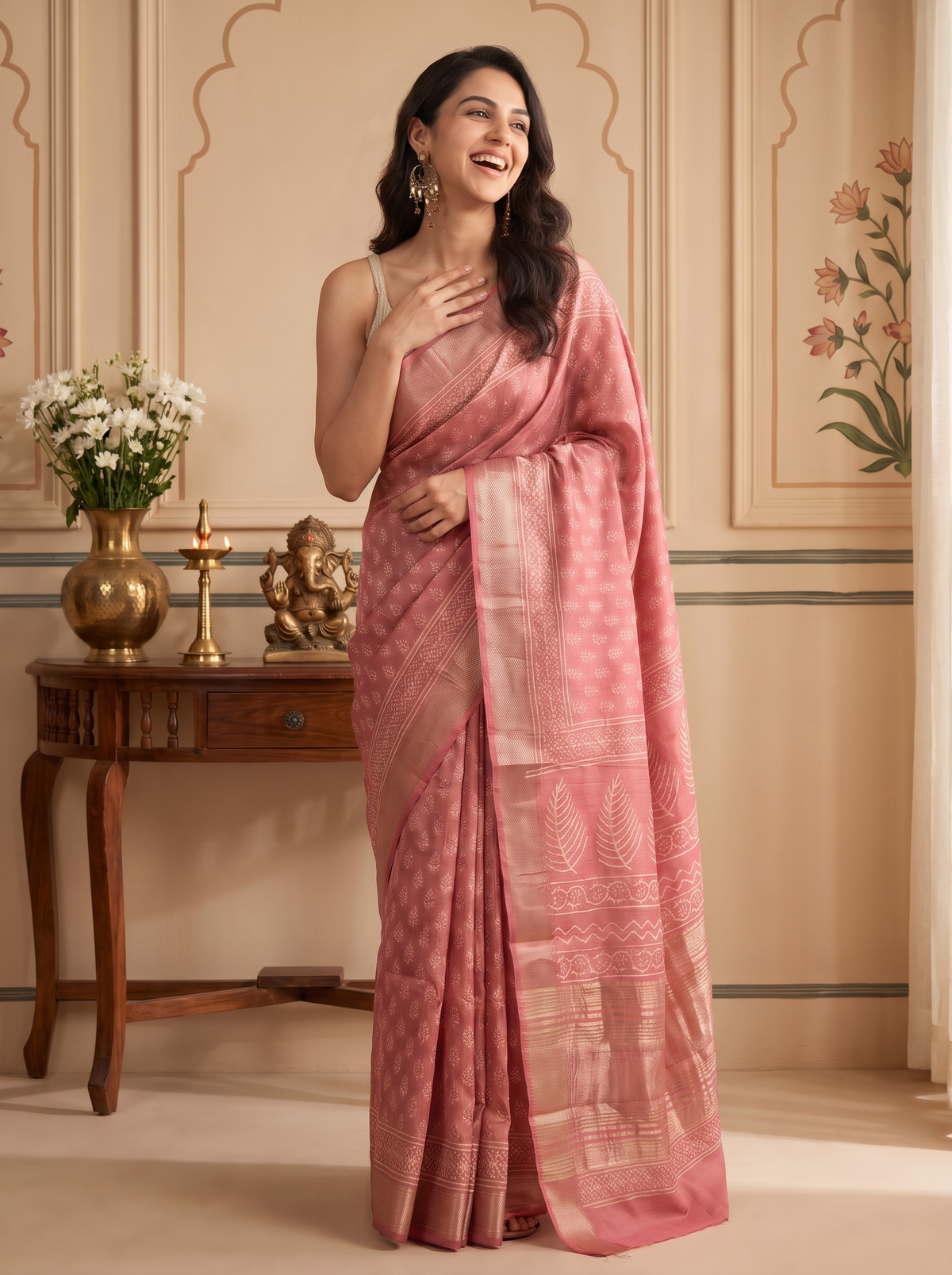 Gulabi Noor Maheshwari Cotton Silk Saree