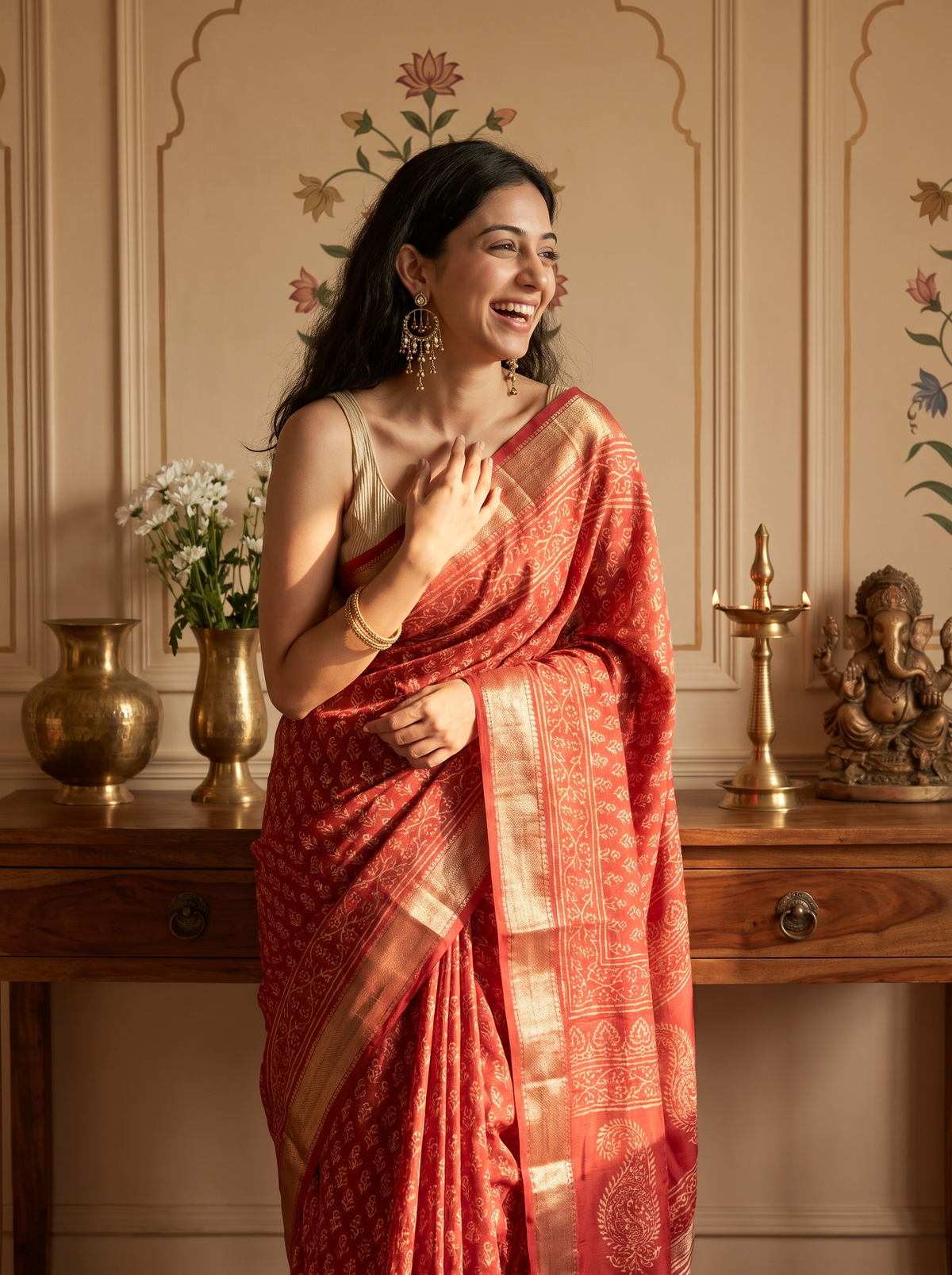Gulaabi Mirchi Maheshwari Cotton Silk Saree