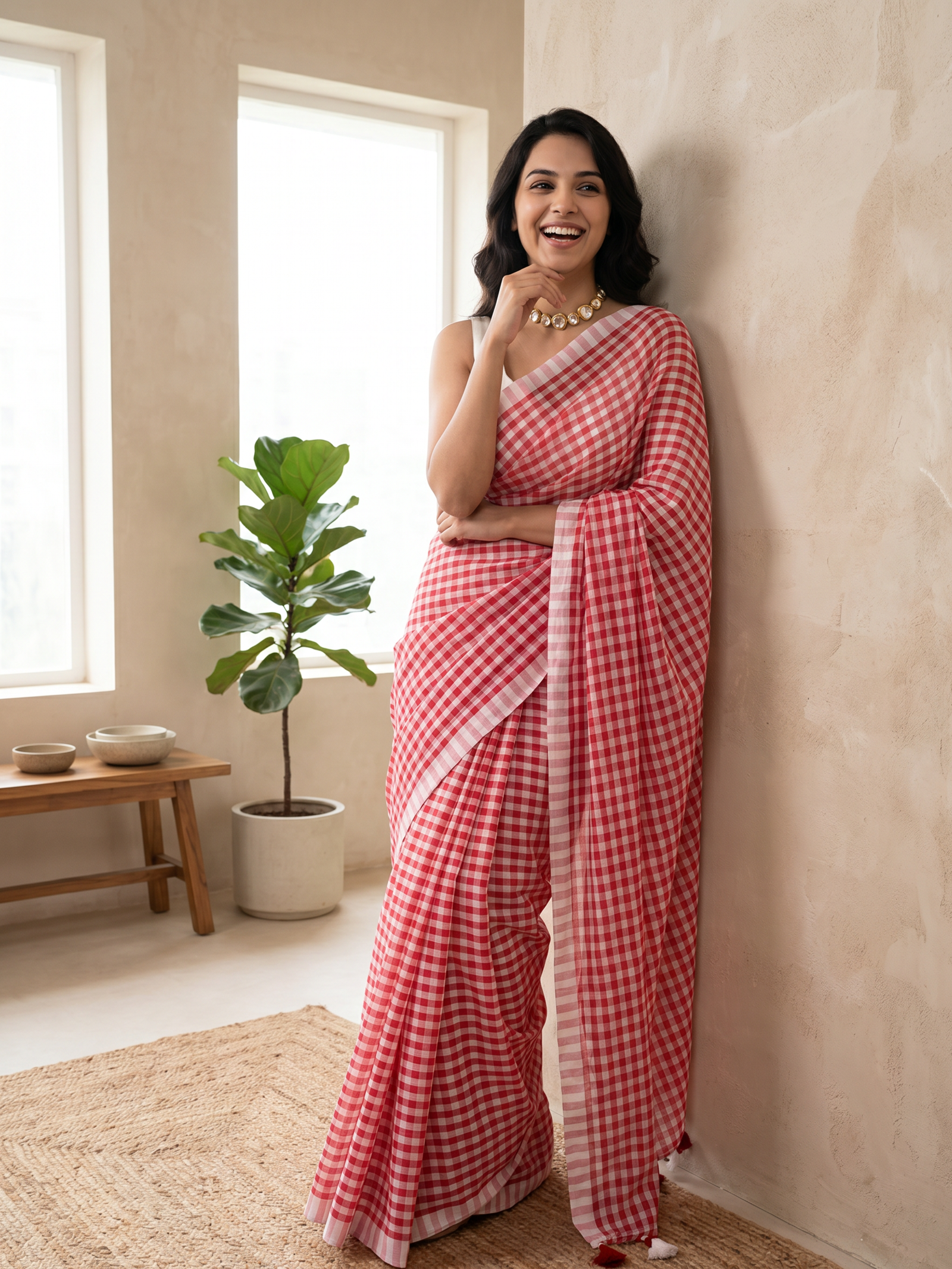 Red Core Checks Mulmul Saree
