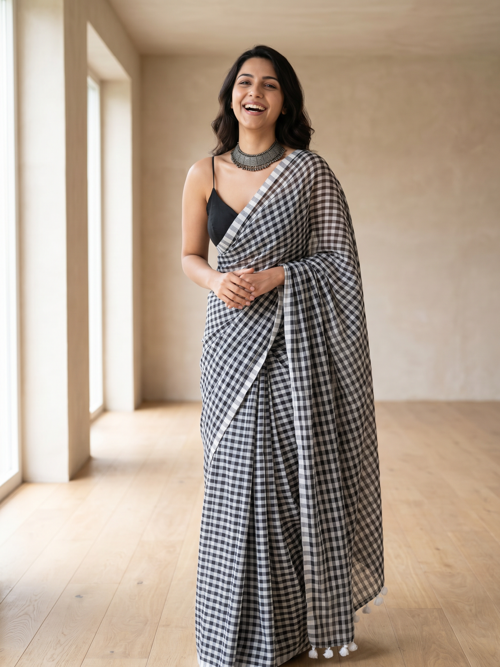 Black Checks Mulmul Saree