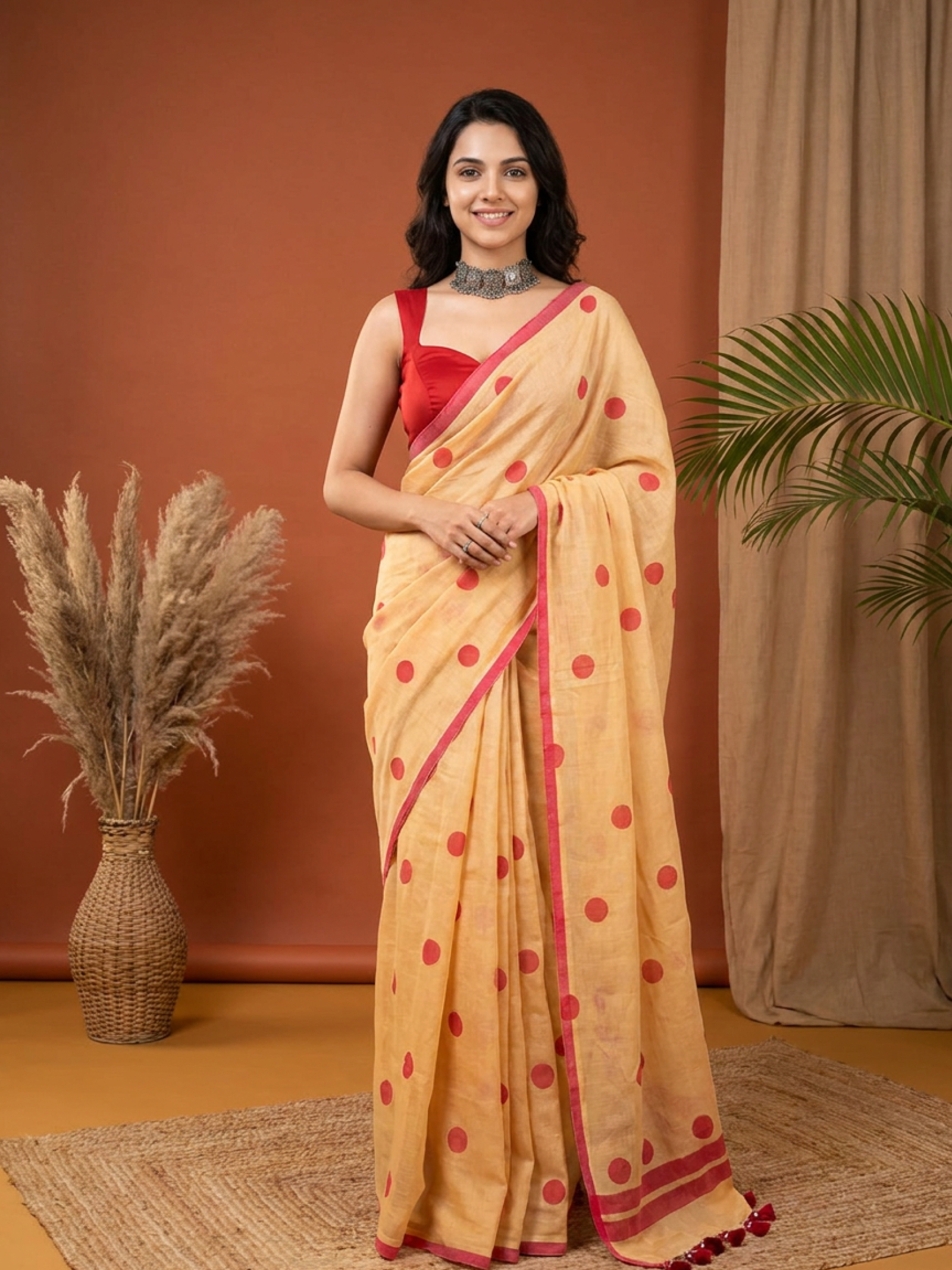 Gulaabi Bindu Cotton Saree