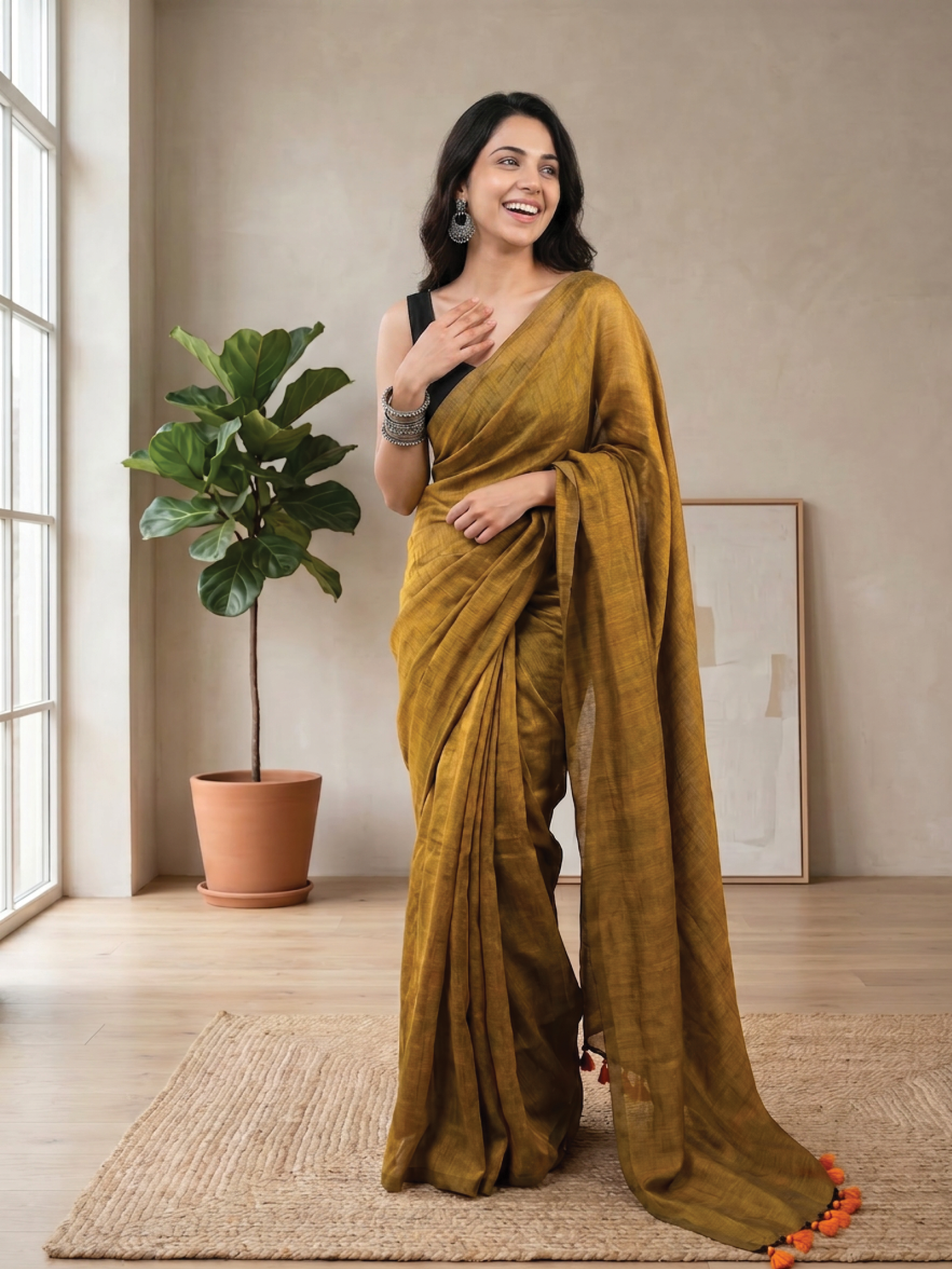 Mustard Cotton Saree