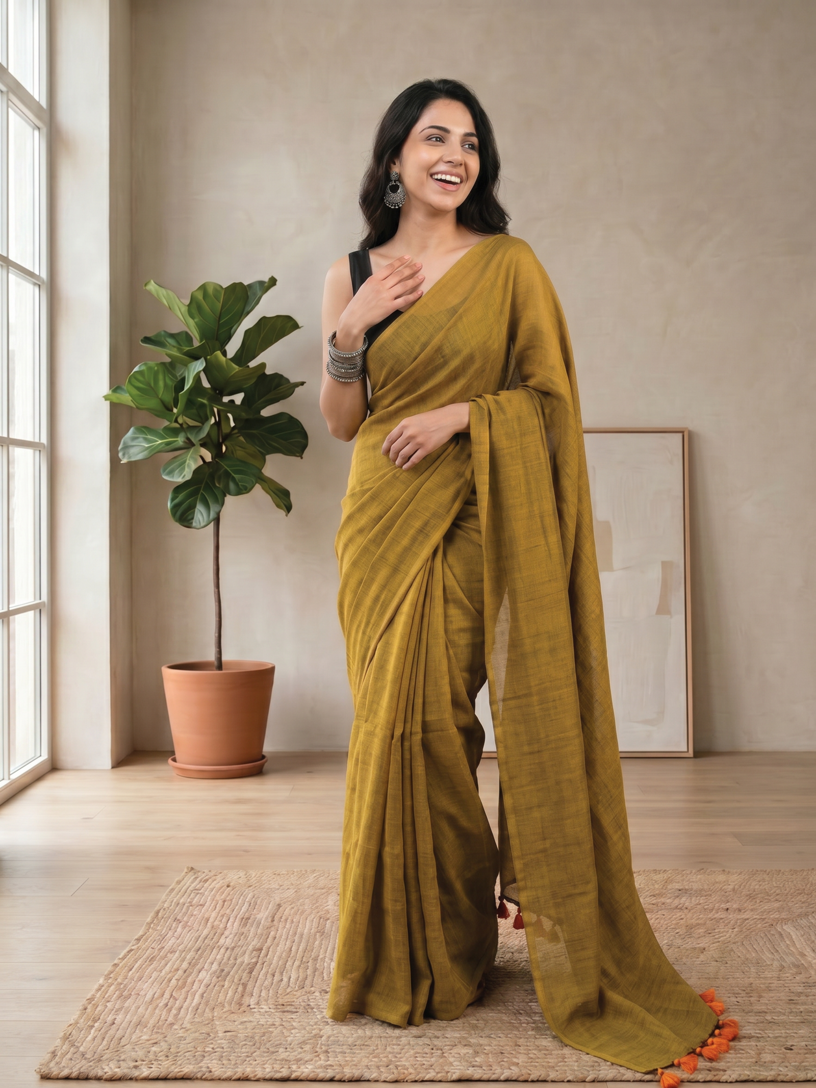 Mustard Cotton Saree