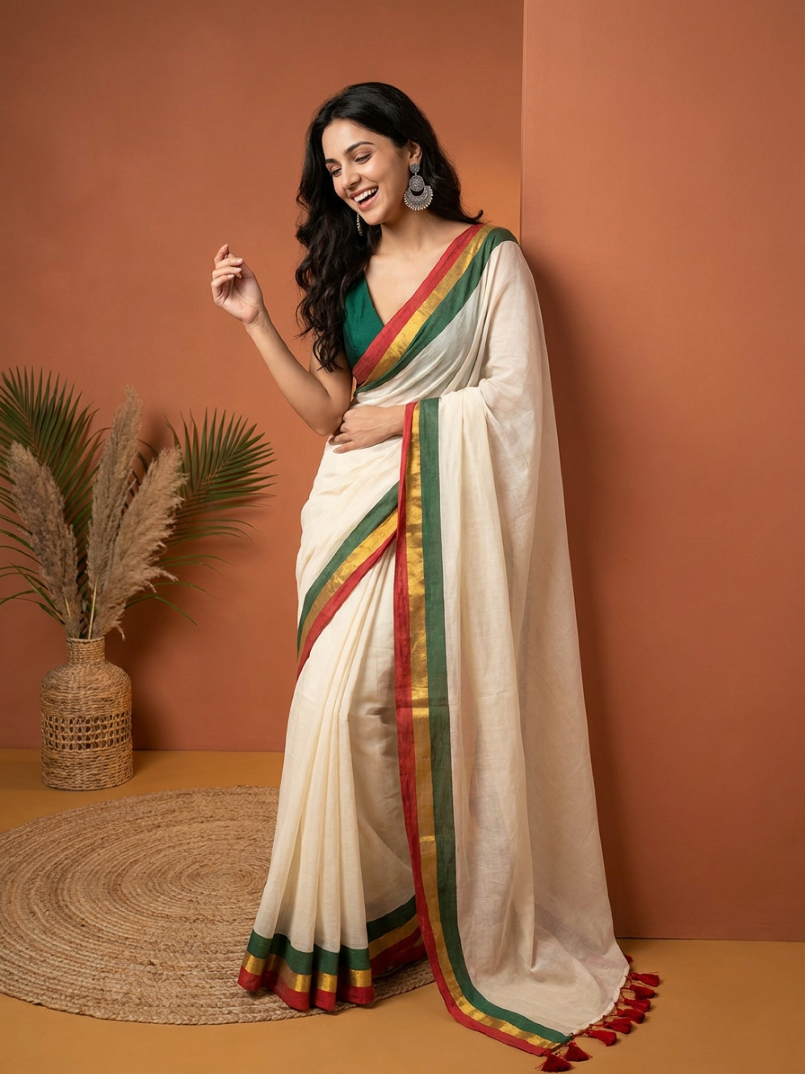 Safed Khaali Panna Mulmul Saree