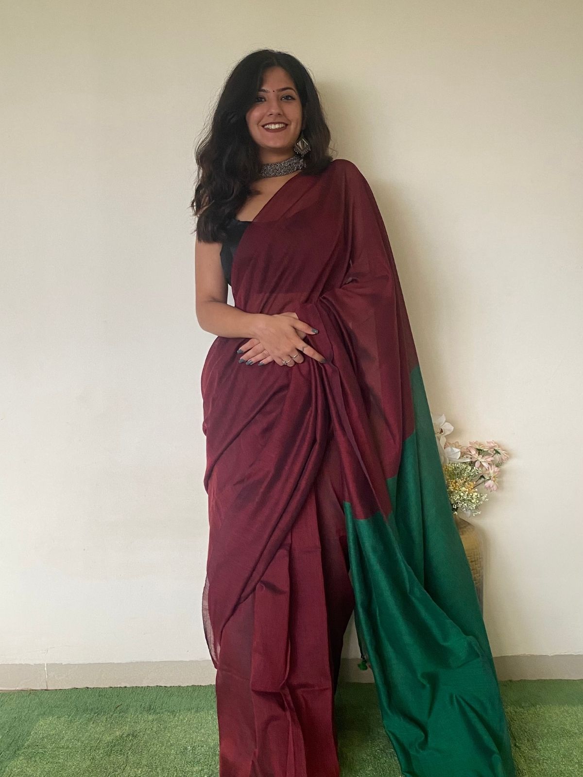 Burgundy Khadi Cotton Saree