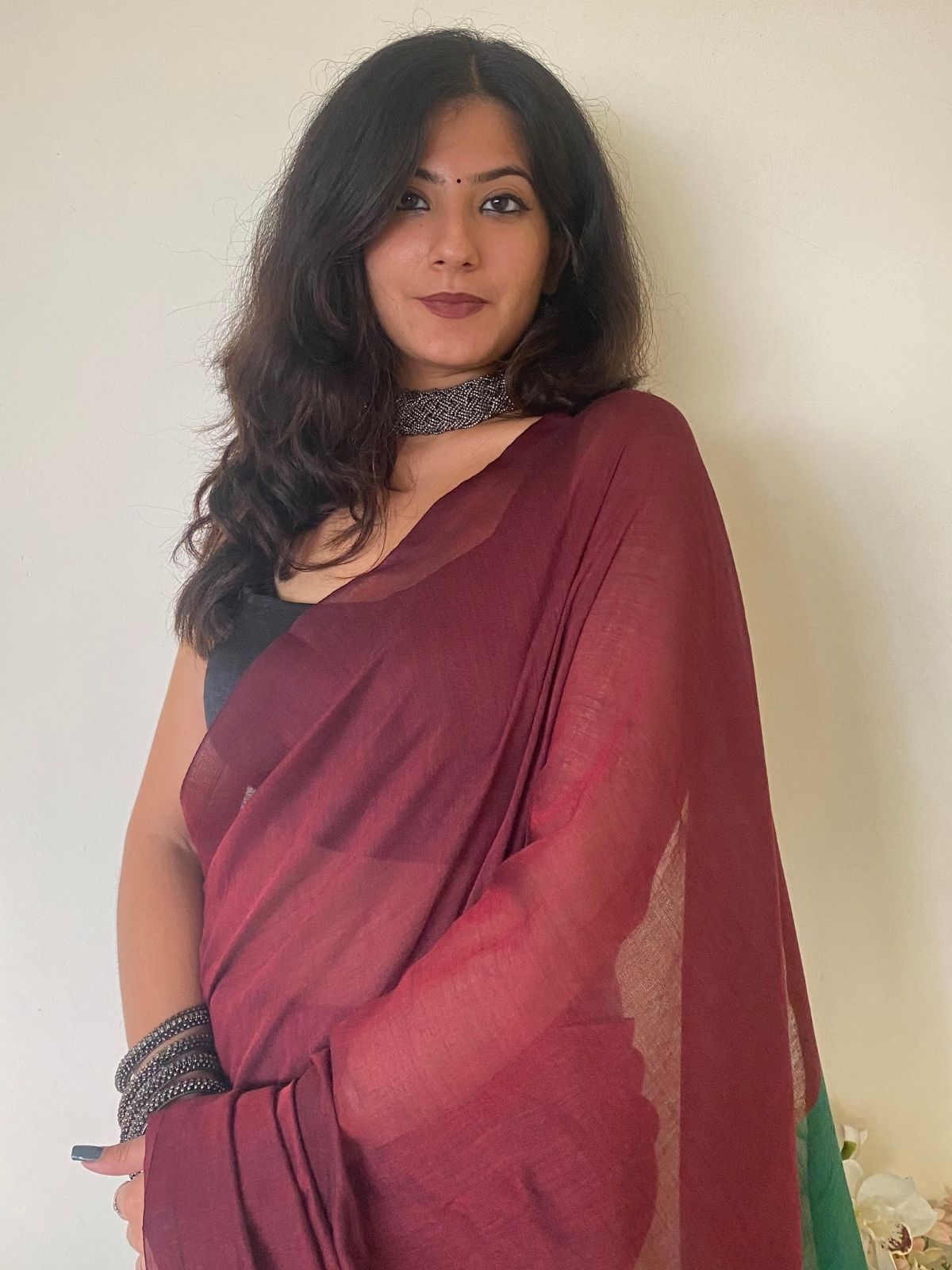 Burgundy Khadi Cotton Saree