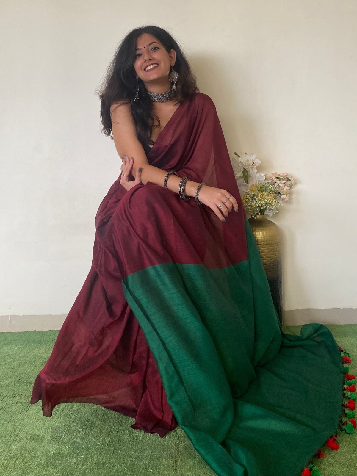 Burgundy Khadi Cotton Saree