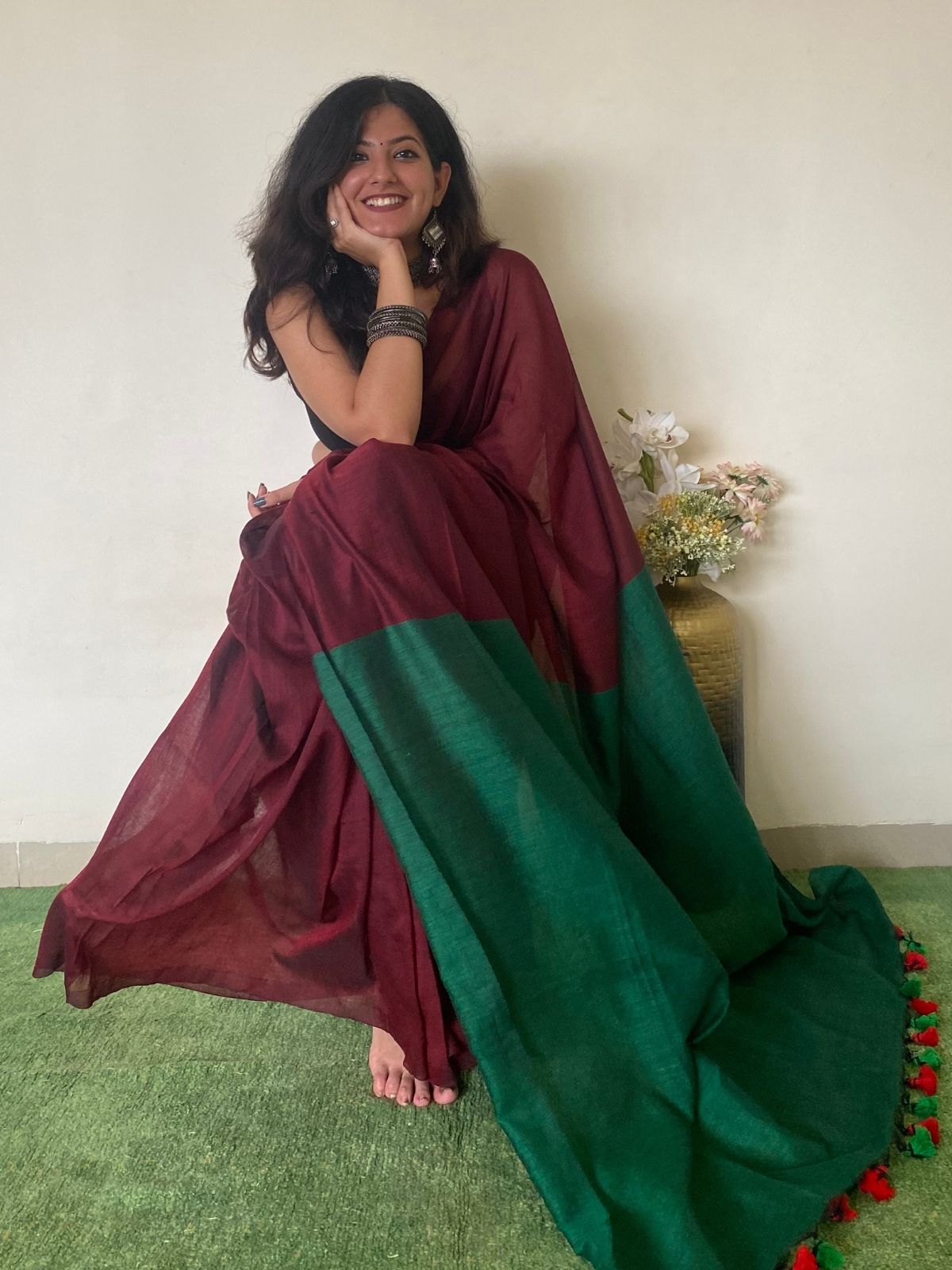 Burgundy Khadi Cotton Saree