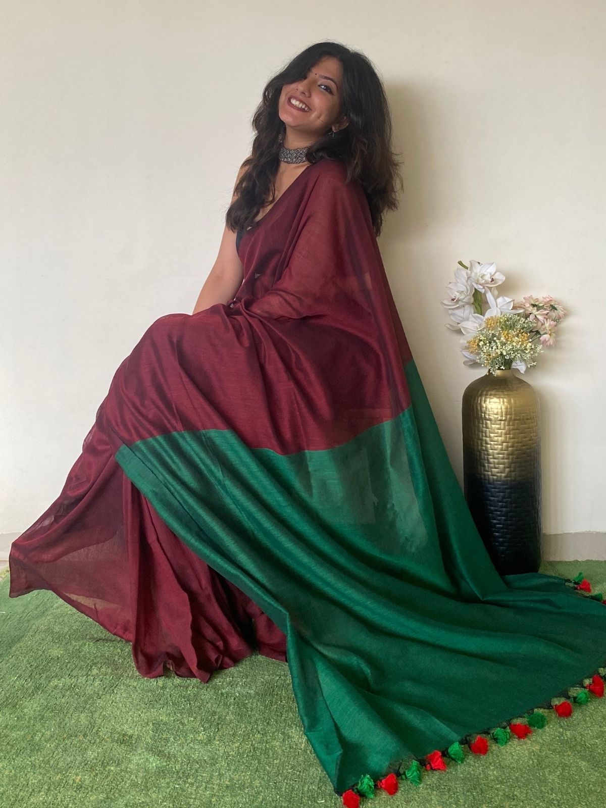 Burgundy Khadi Cotton Saree