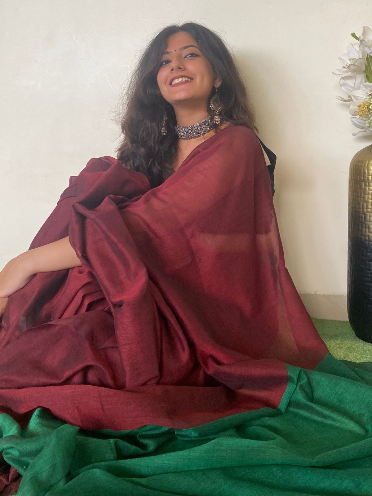 Burgundy Khadi Cotton Saree