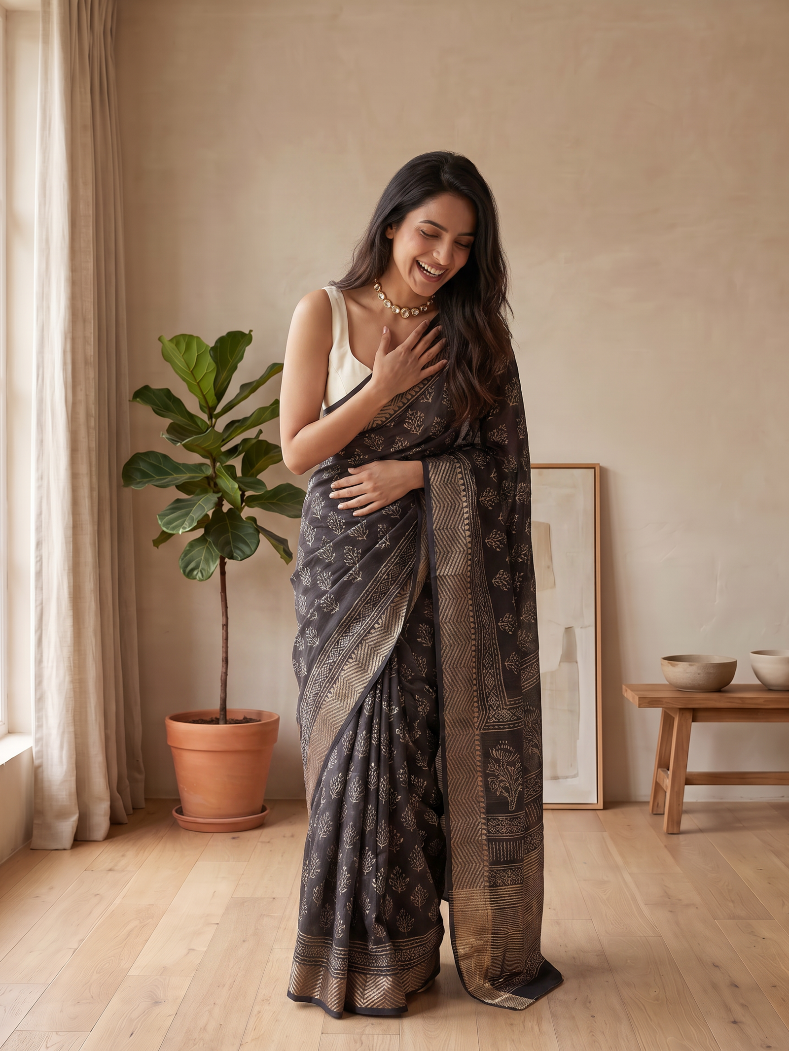 Ebony Maheshwari Cotton SiIk Saree