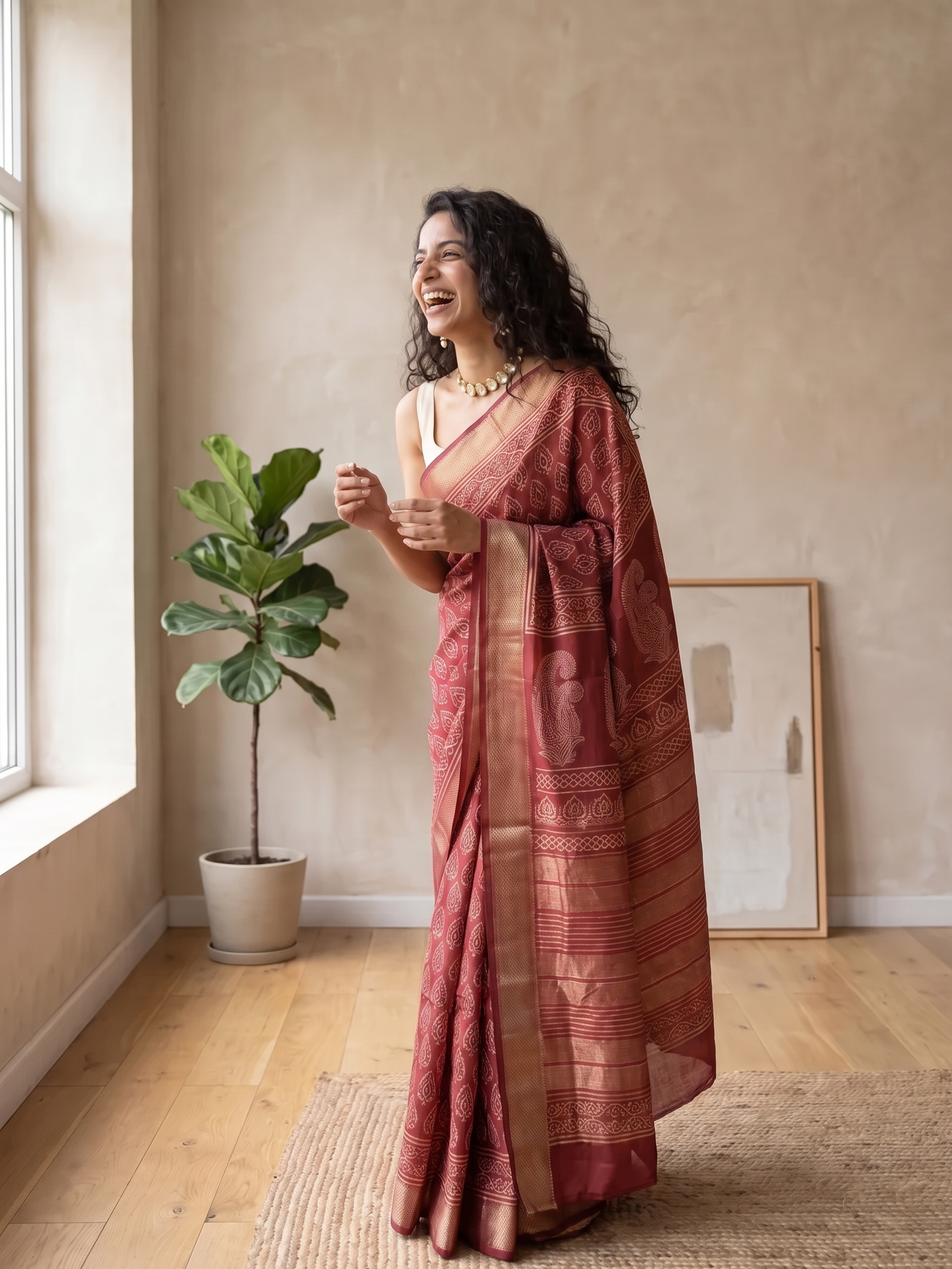 Wine Pearl Maheshwari Cotton Silk saree