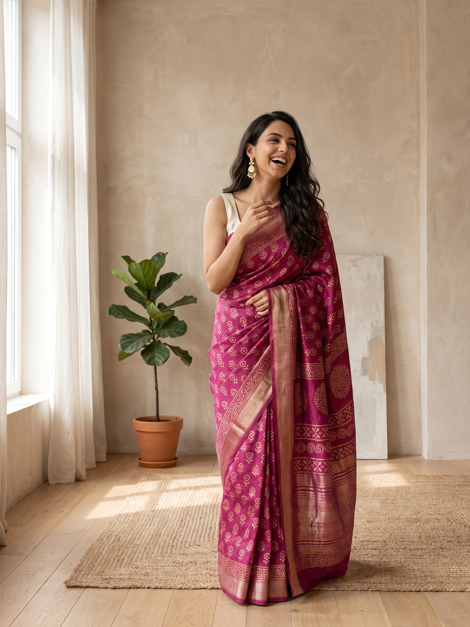 Gulabi Maheshwari Cotton Silk Saree