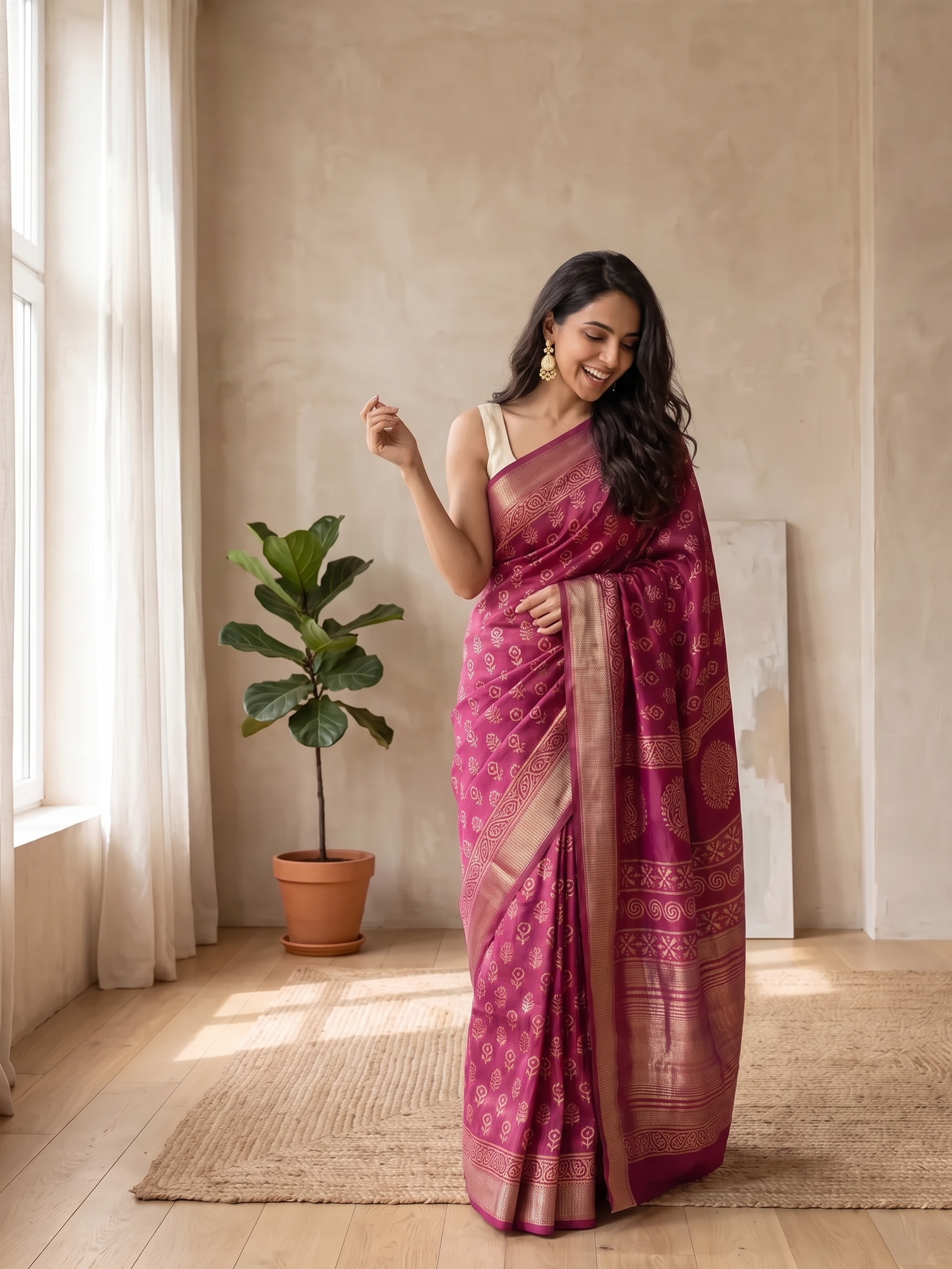 Gulabi Maheshwari Cotton Silk Saree