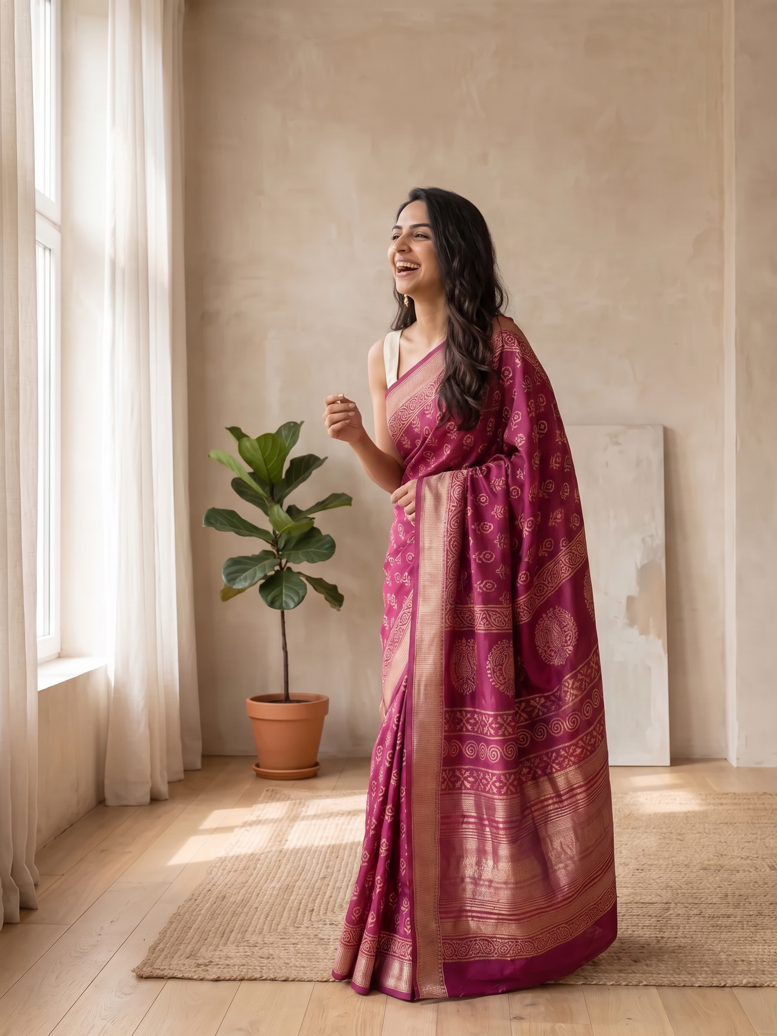 Gulabi Maheshwari Cotton Silk Saree