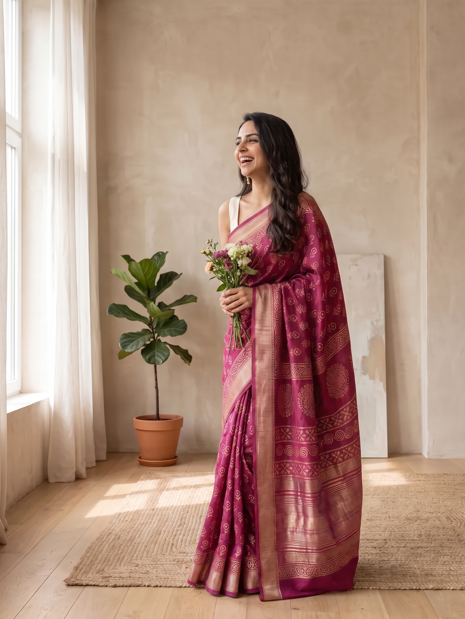 Gulabi Maheshwari Cotton Silk Saree