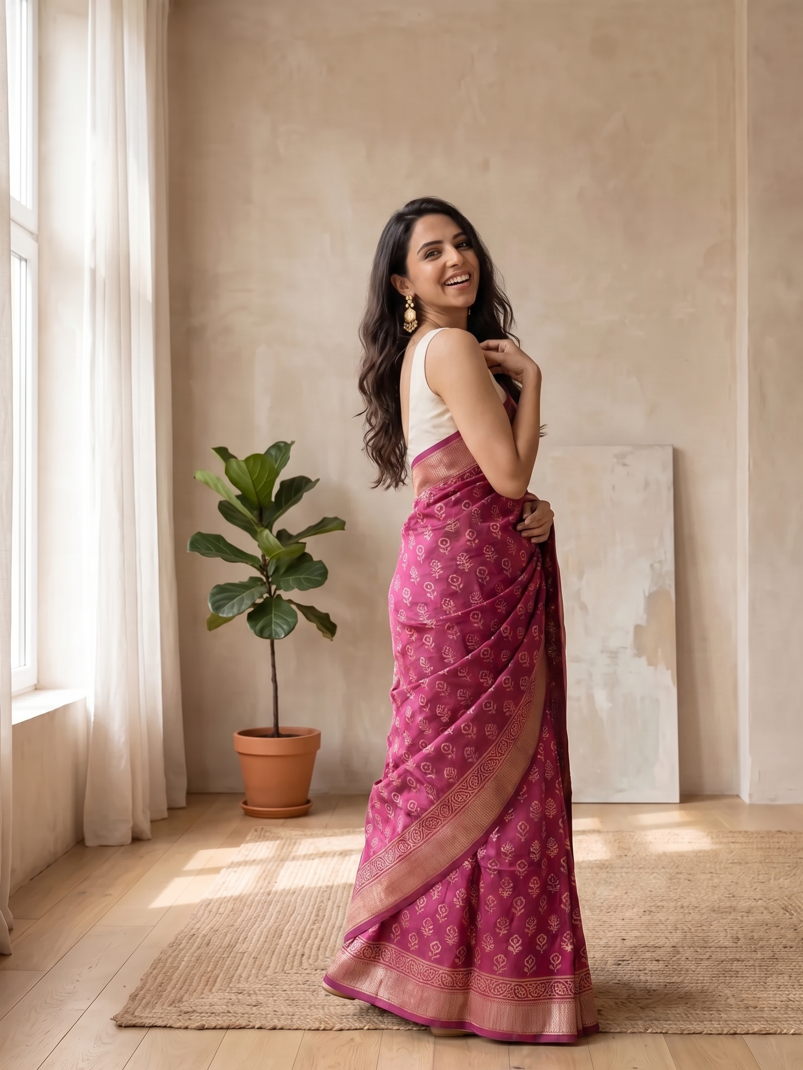 Gulabi Maheshwari Cotton Silk Saree