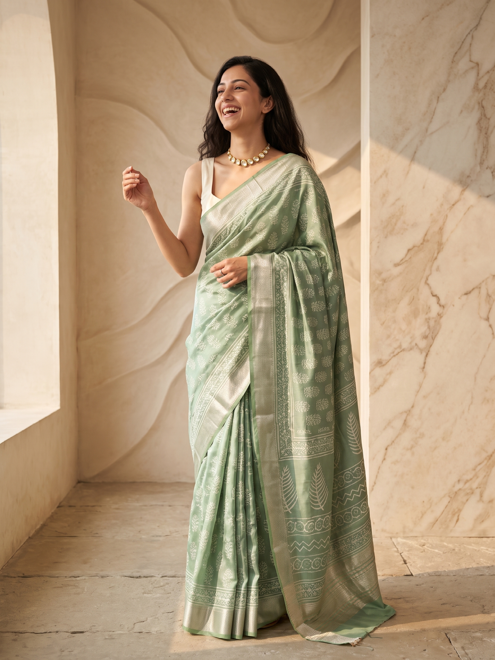 Pista Maheshwari Cotton Silk Saree