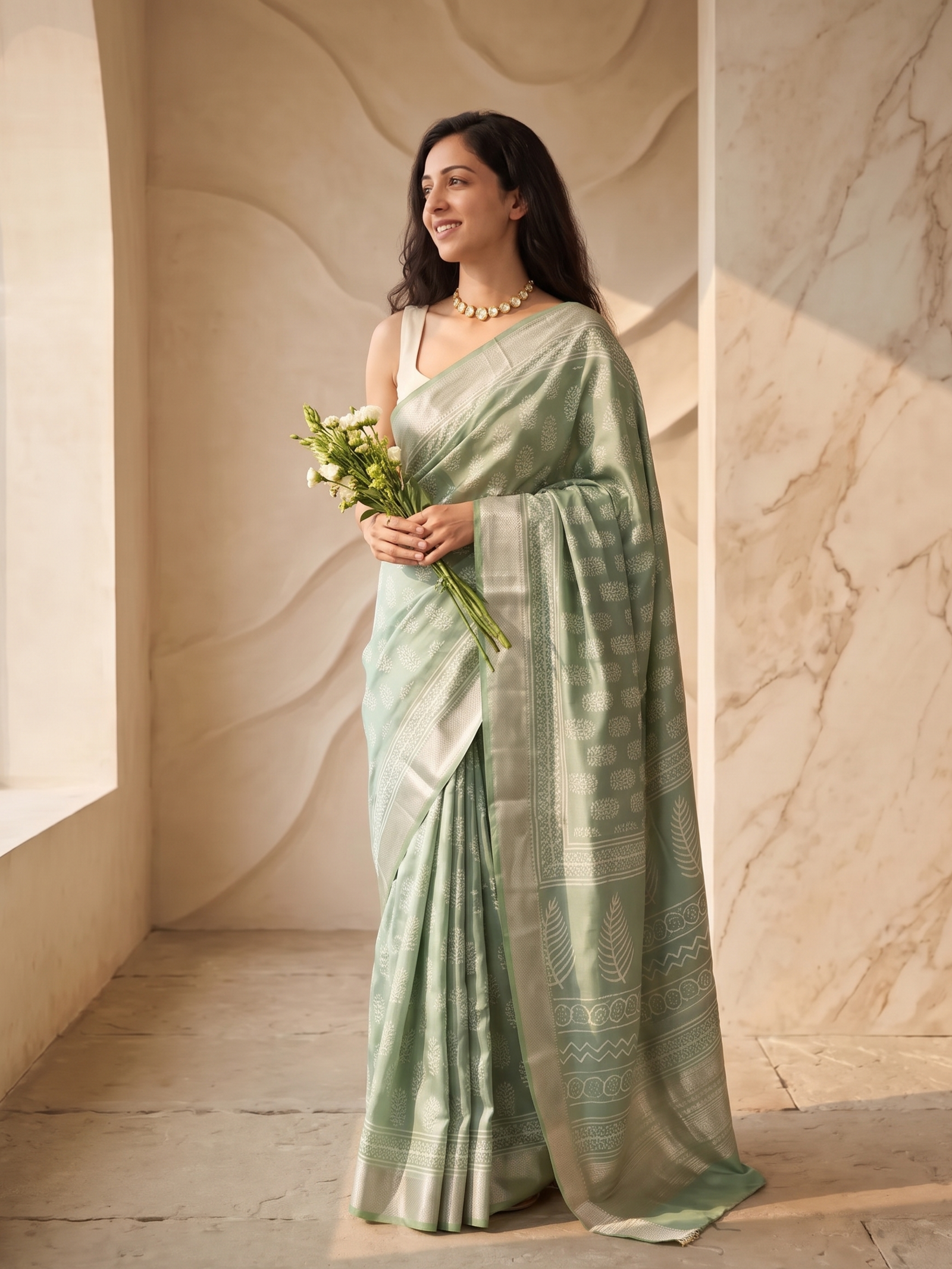Pista Maheshwari Cotton Silk Saree