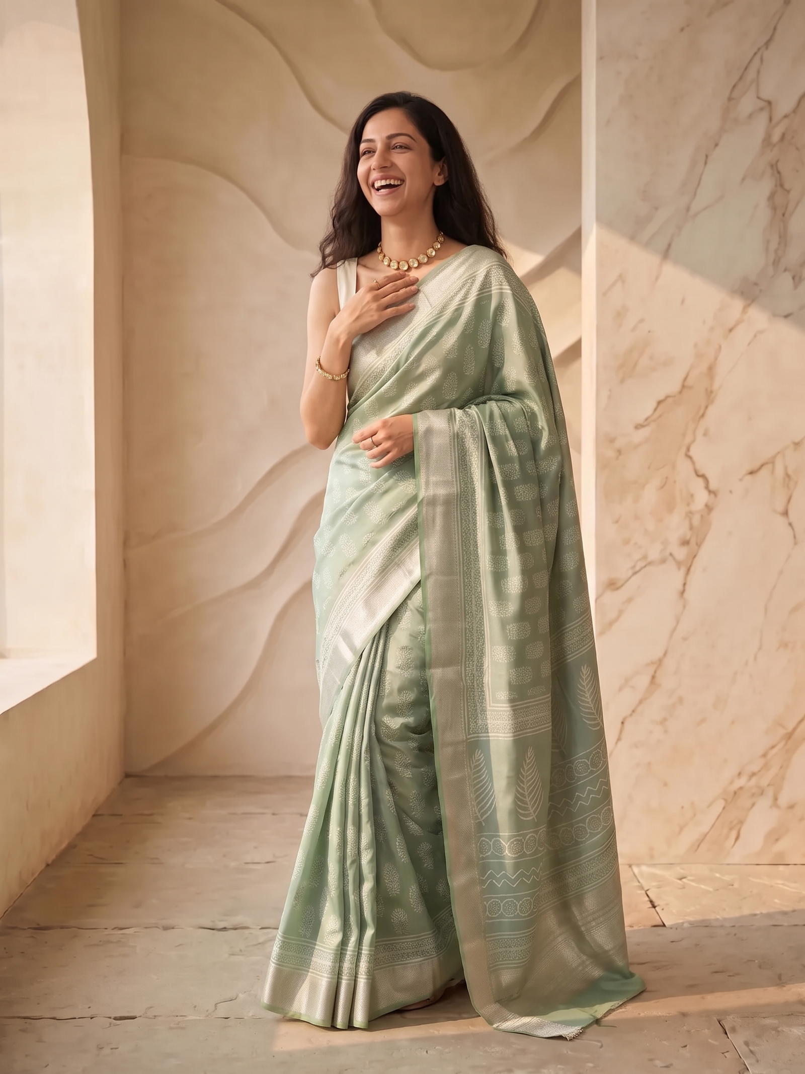 Pista Maheshwari Cotton Silk Saree