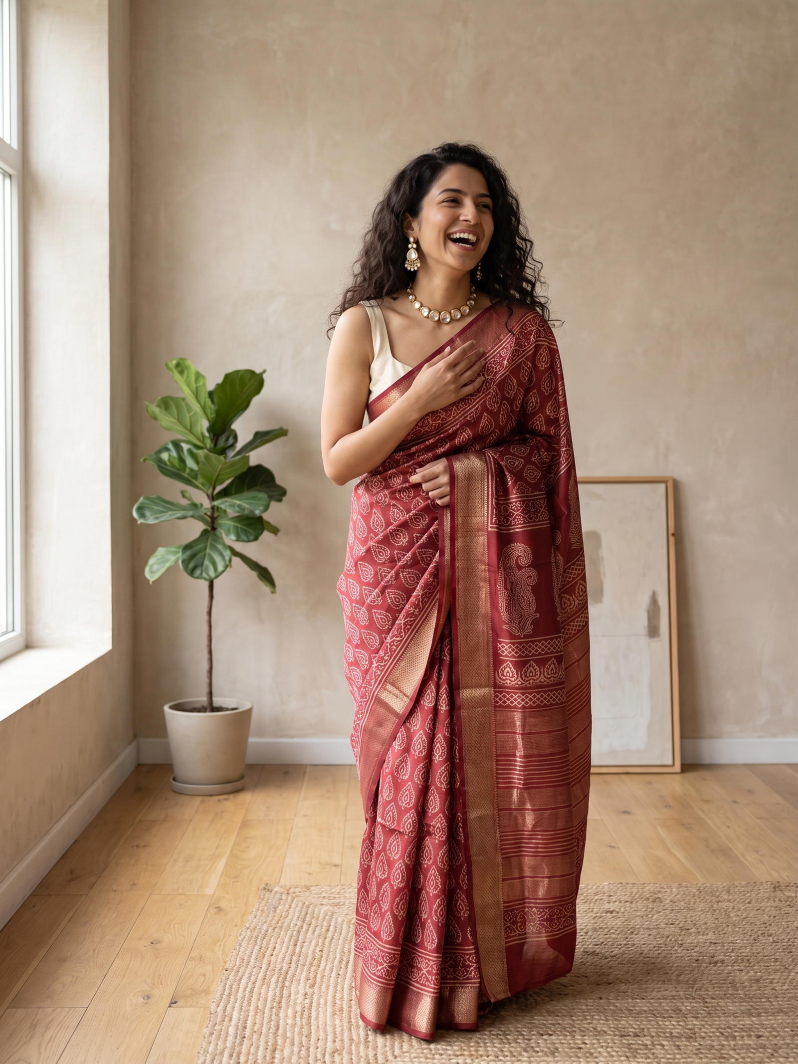 Wine Pearl Maheshwari Cotton Silk saree