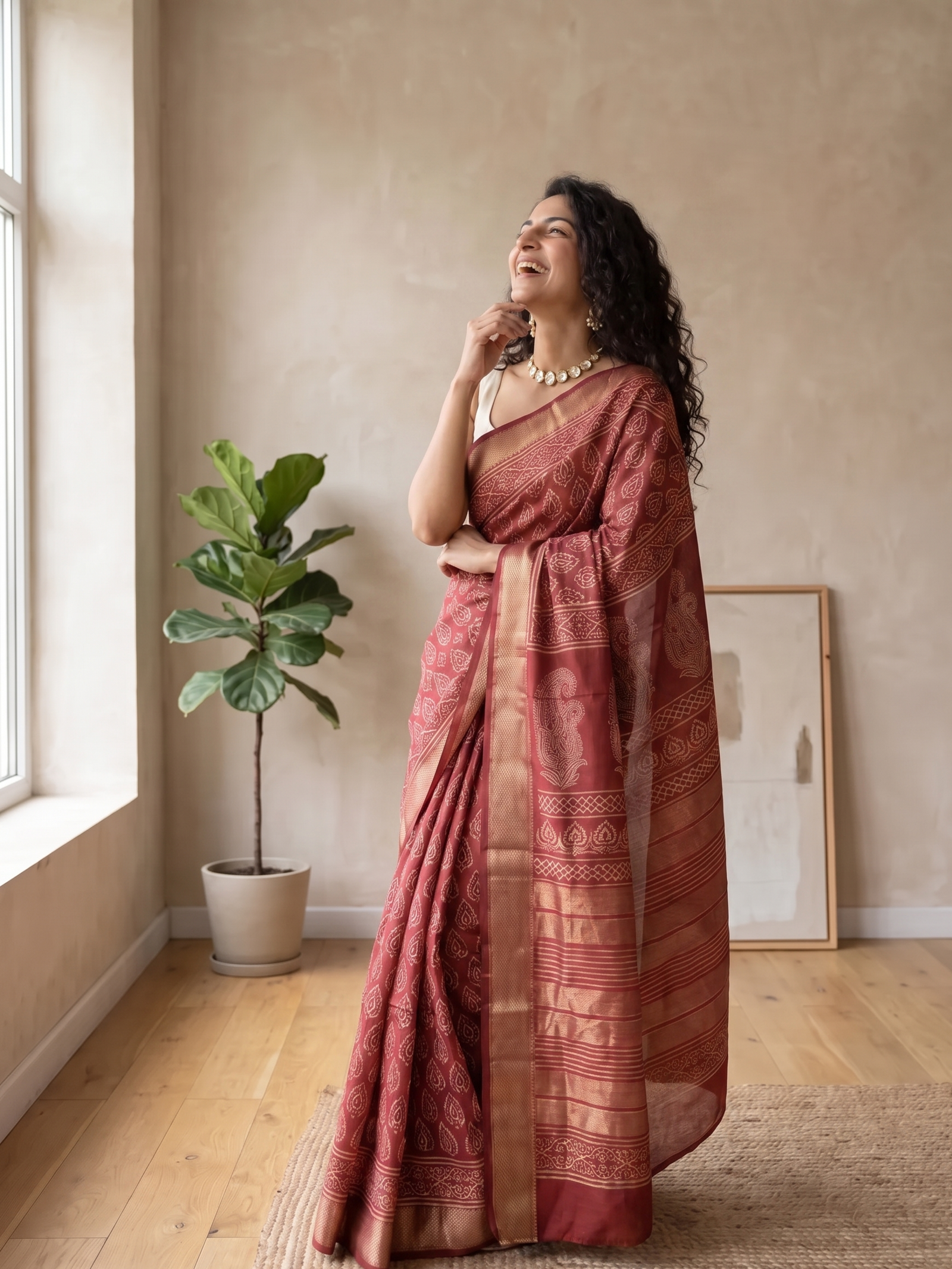 Wine Pearl Maheshwari Cotton Silk saree