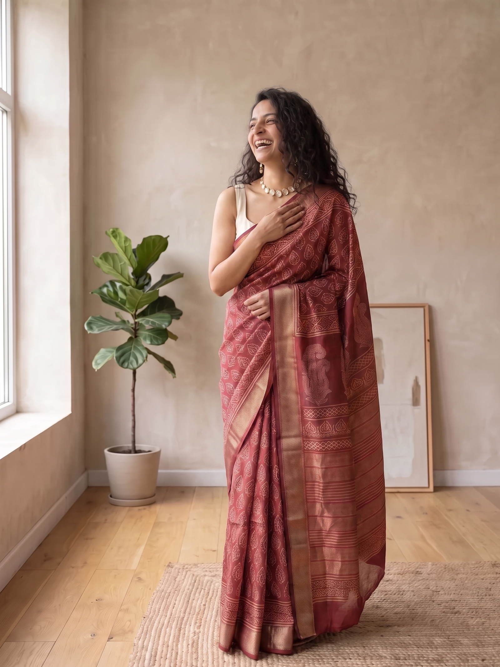 Wine Pearl Maheshwari Cotton Silk saree